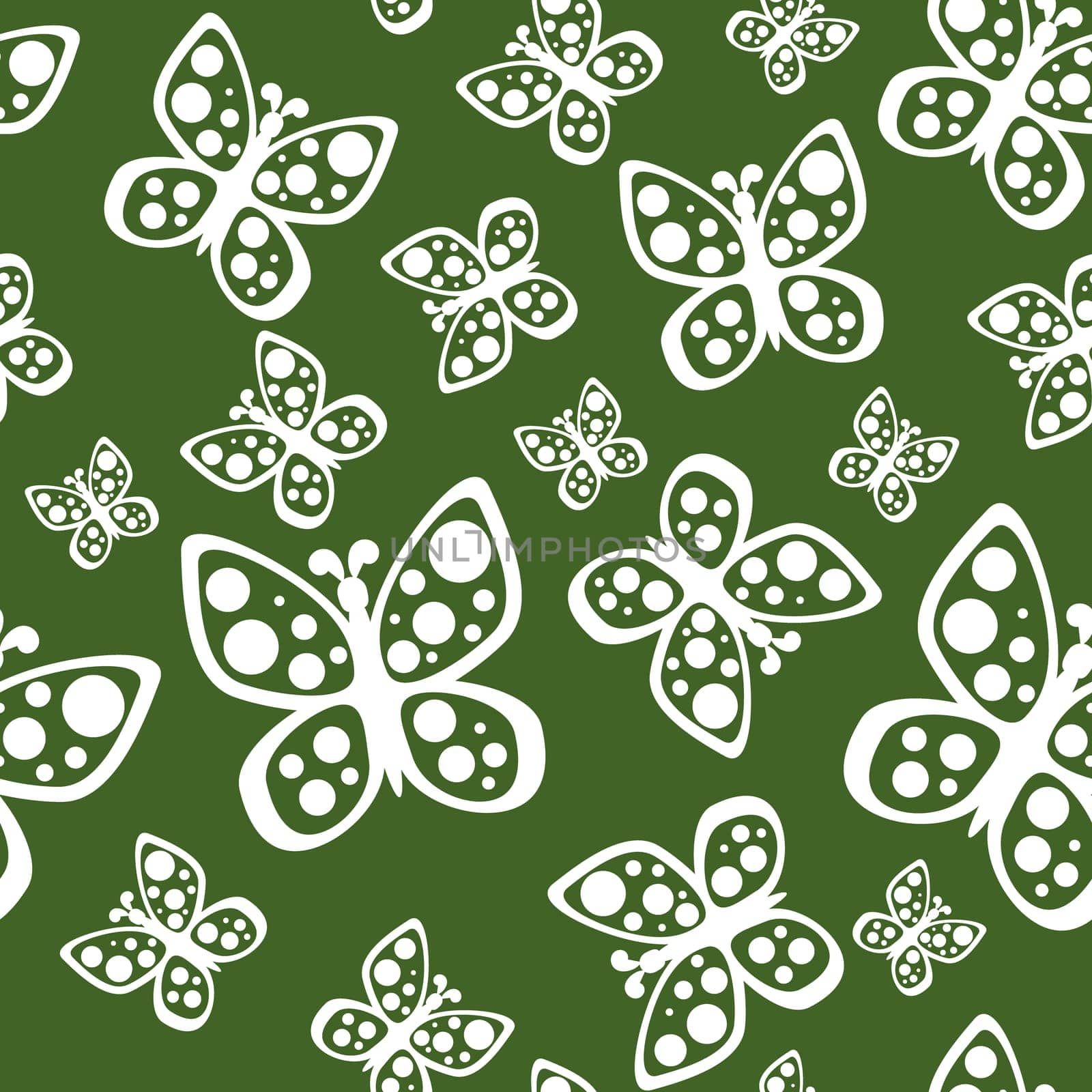 Beautiful seamless background of butterflies green and white colors.