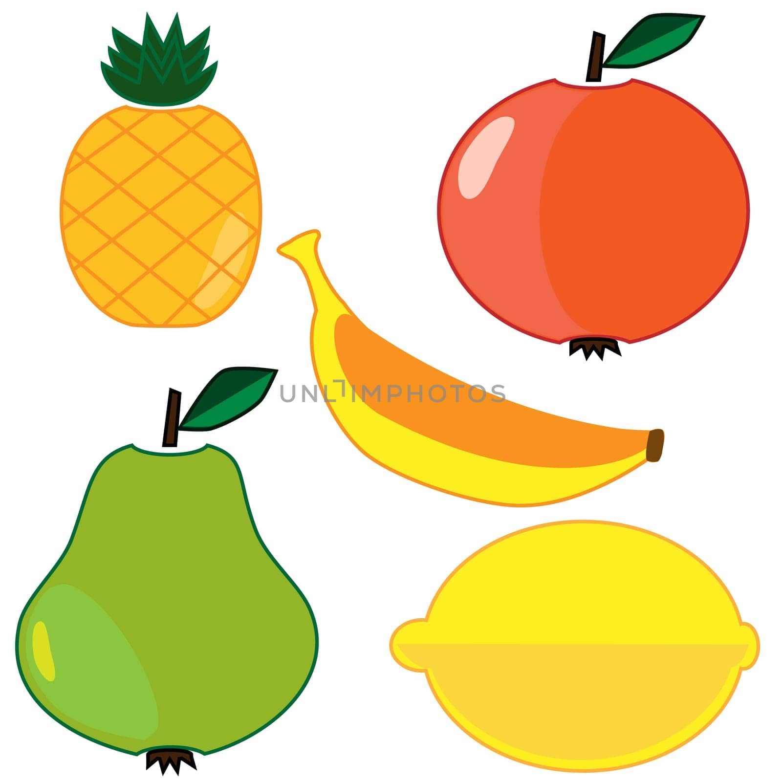 Set of different fruits. Flat vector icons in cartoon style on white background. Pineapple, pear, lemon, banana and apple.