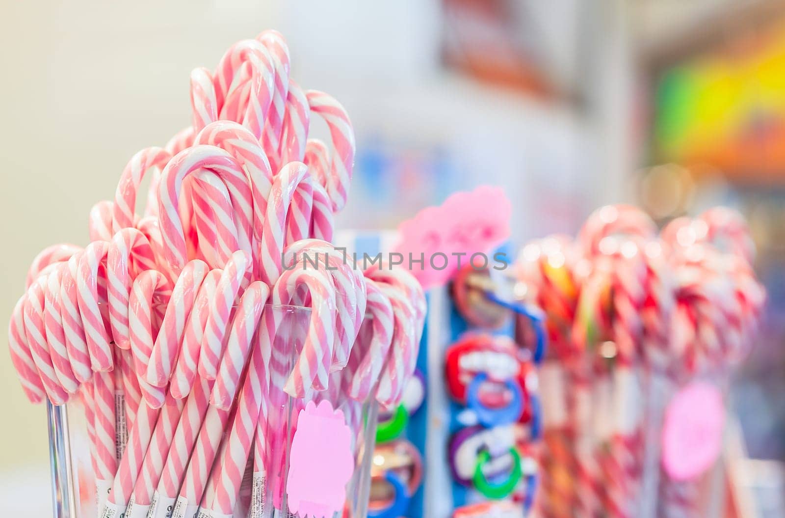Classic candy canes for sale. Food or for decoration. Selective focus.