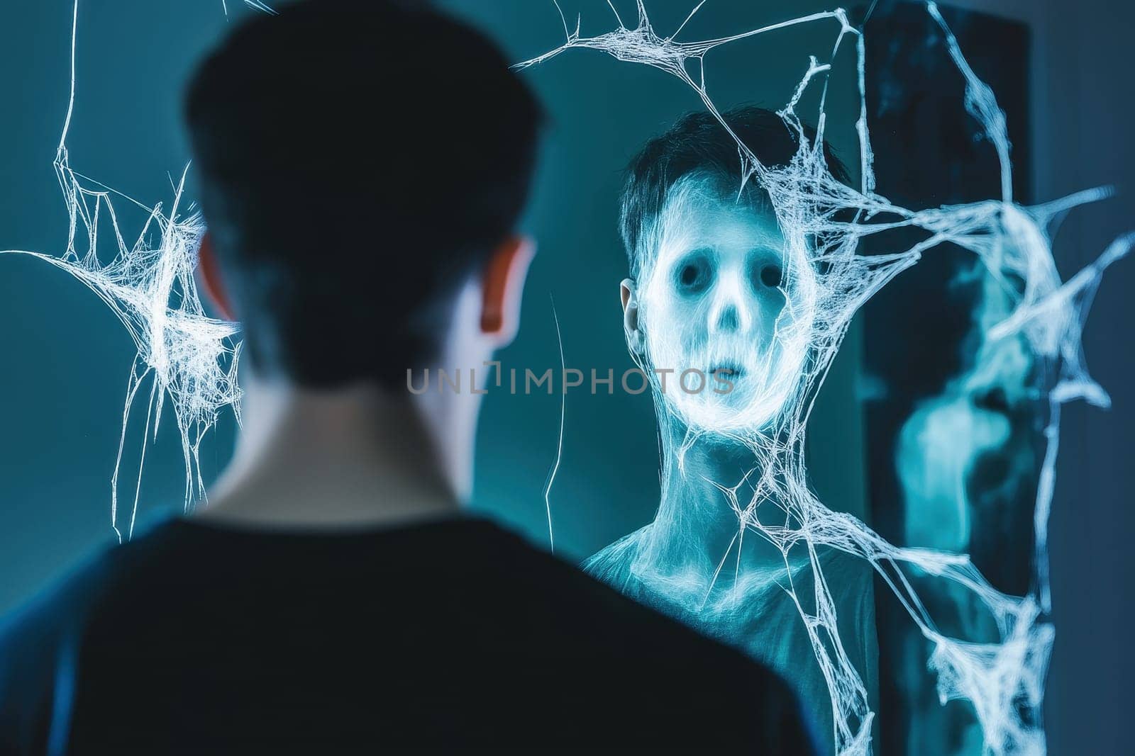 A captivating image showcases a young individual confronting a haunting digital visage in a dimly lit environment. The surreal presence evokes feelings of fear and mystery.