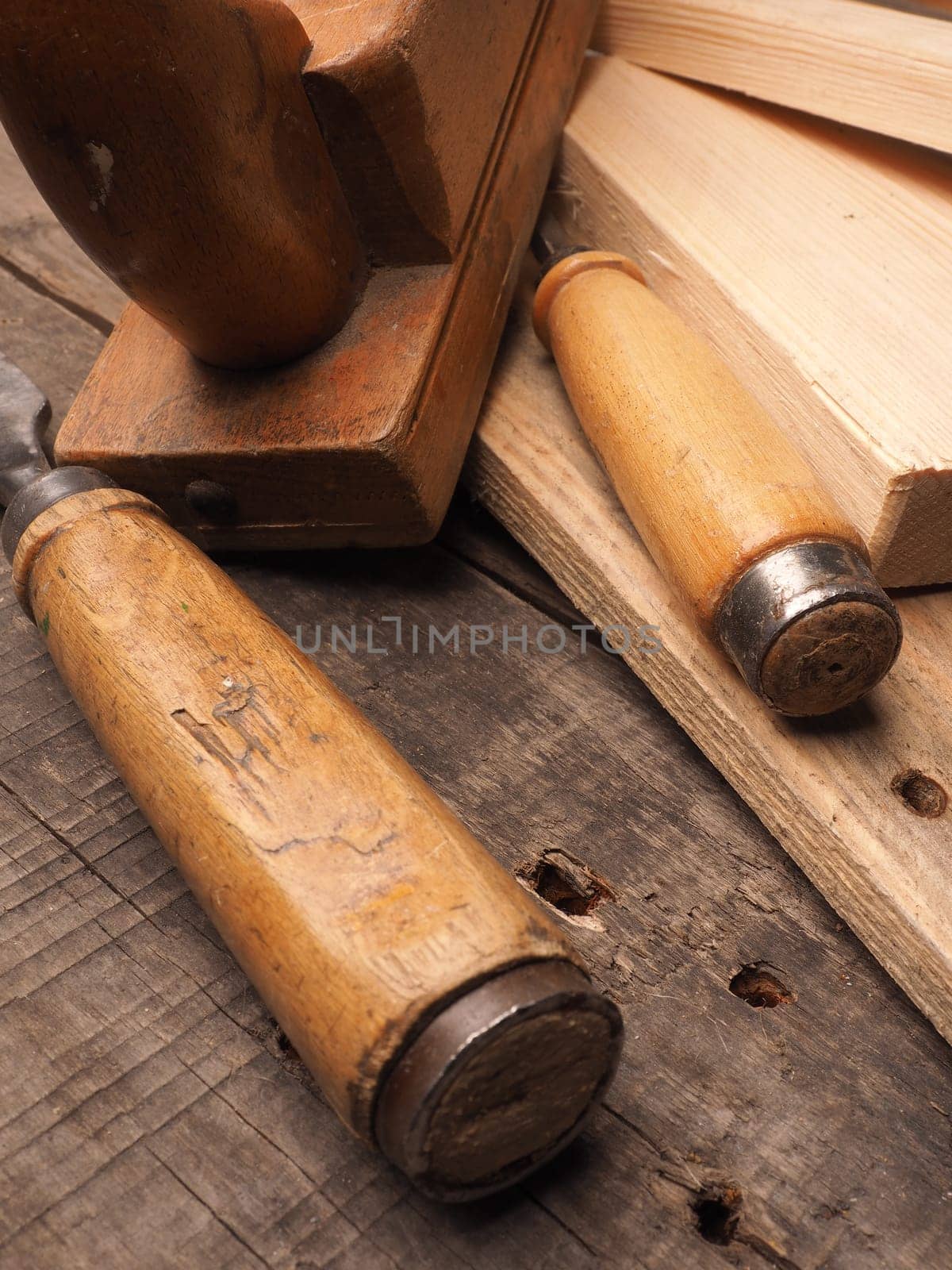 Wood worker tools on an old wooden table