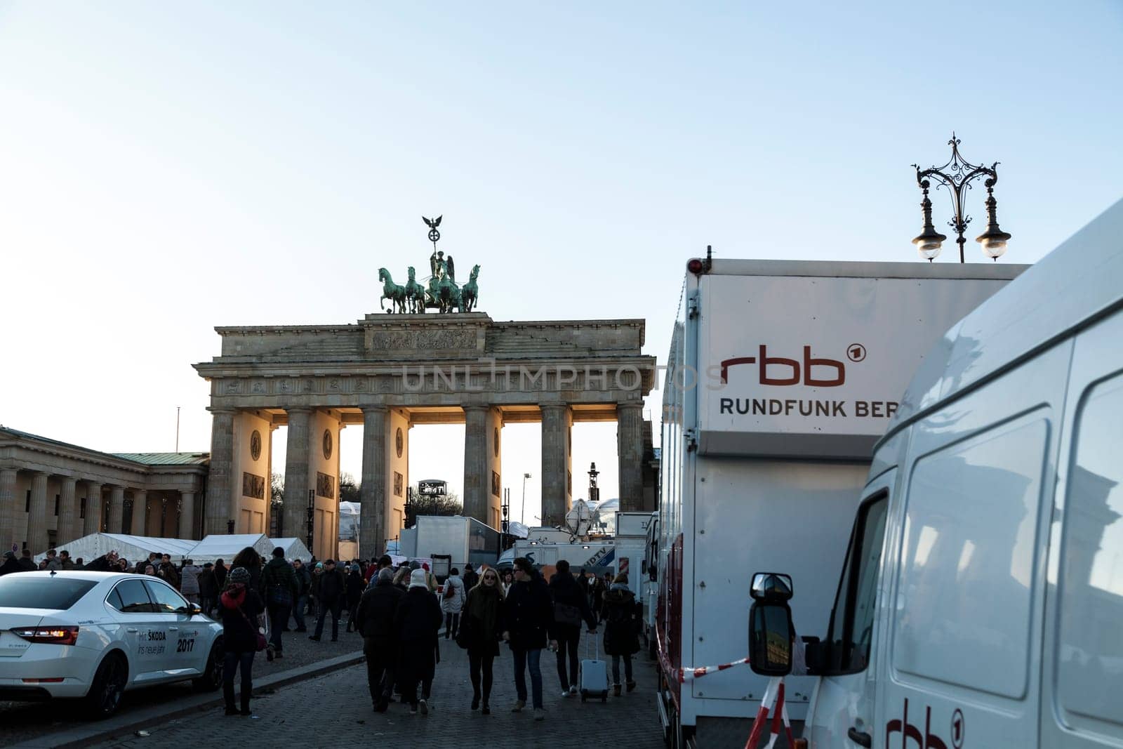 OB vans of various media at the Brandenburg Gate for the New Year's Eve 2016