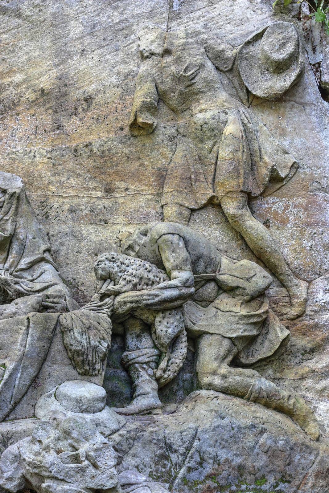 Kuks Forest Sculptures - Adoration of the Shepherds - detail of the Baroque relief by Matthias Bernard Braun from 1727, Czech Republic. Braun's nativity are statues and a sandstone reliefs in the woods near Kuks village. These statues were carved by famous sculptor Matthias Bernard Braun in the years from 1711 to 1734. Since 2002 is the area protected as a National Historic Landmark and were listed in the 2000 World Monuments Watch by the World Monuments Fund..