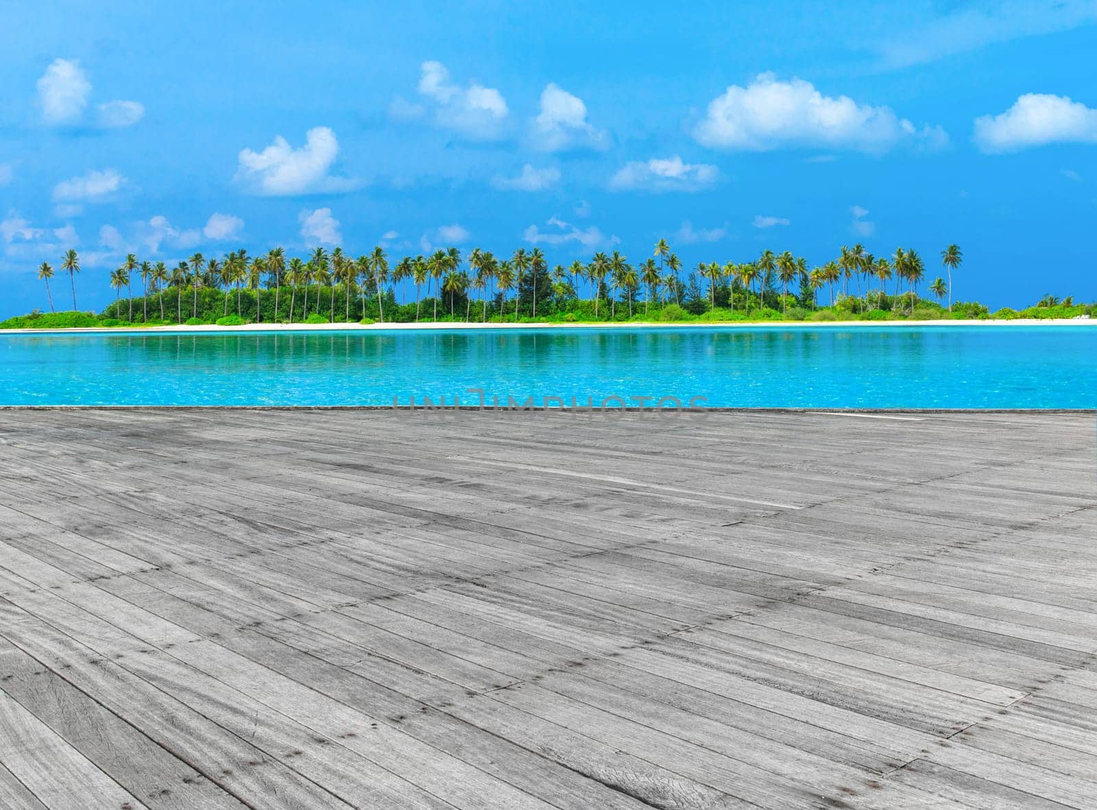 tropical beach in Maldives with few palm trees and blue lagoon
