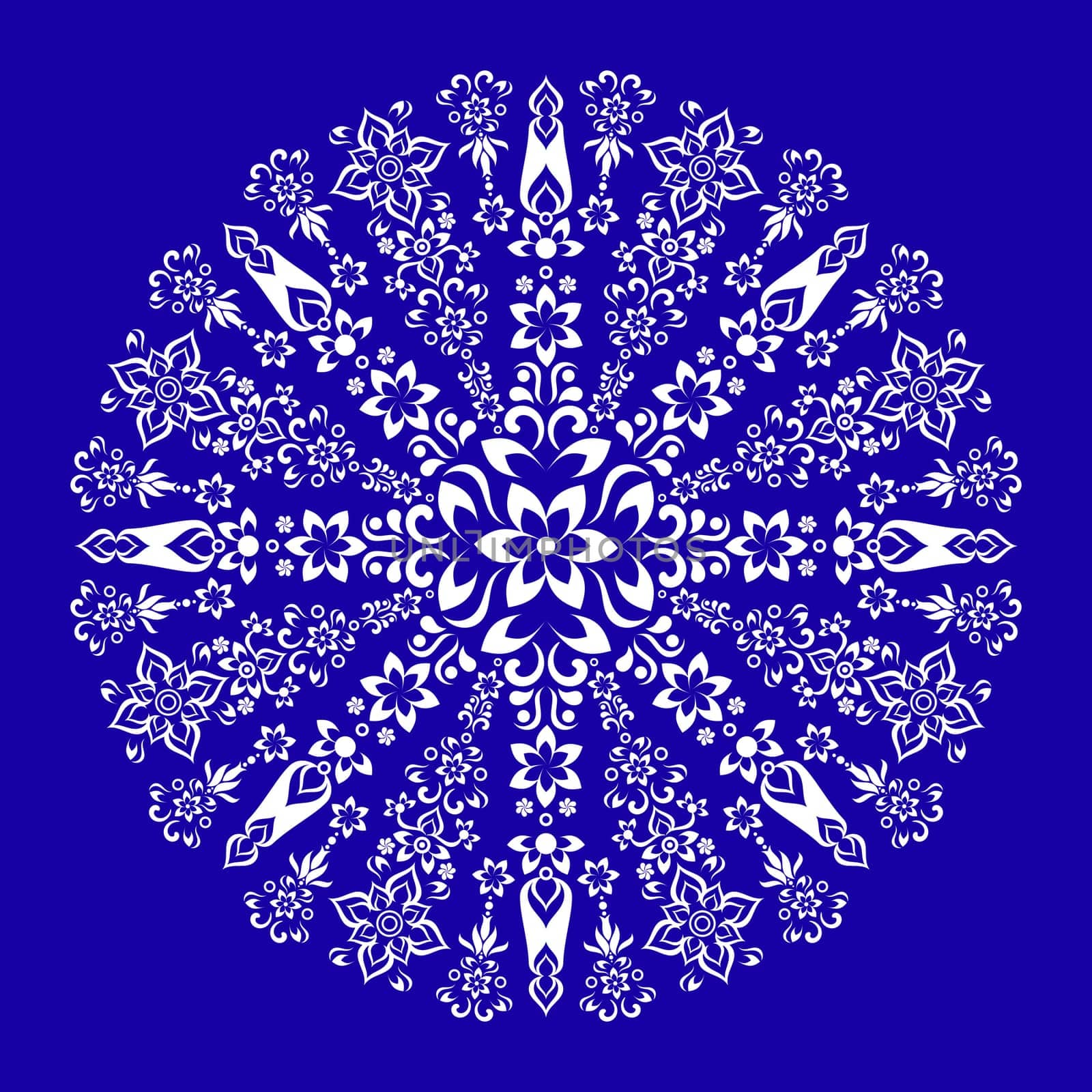 White vintage ornamental round floral design on blue