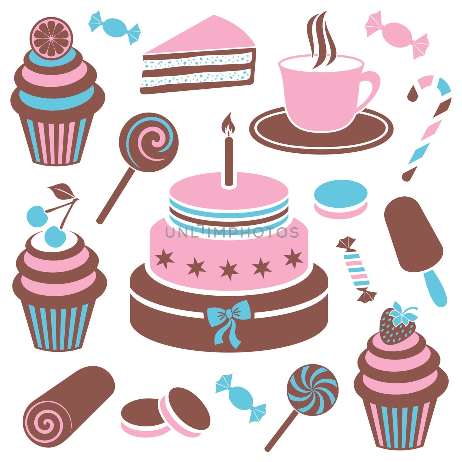 Colorful desserts and sweets icon vector silhouette collection
