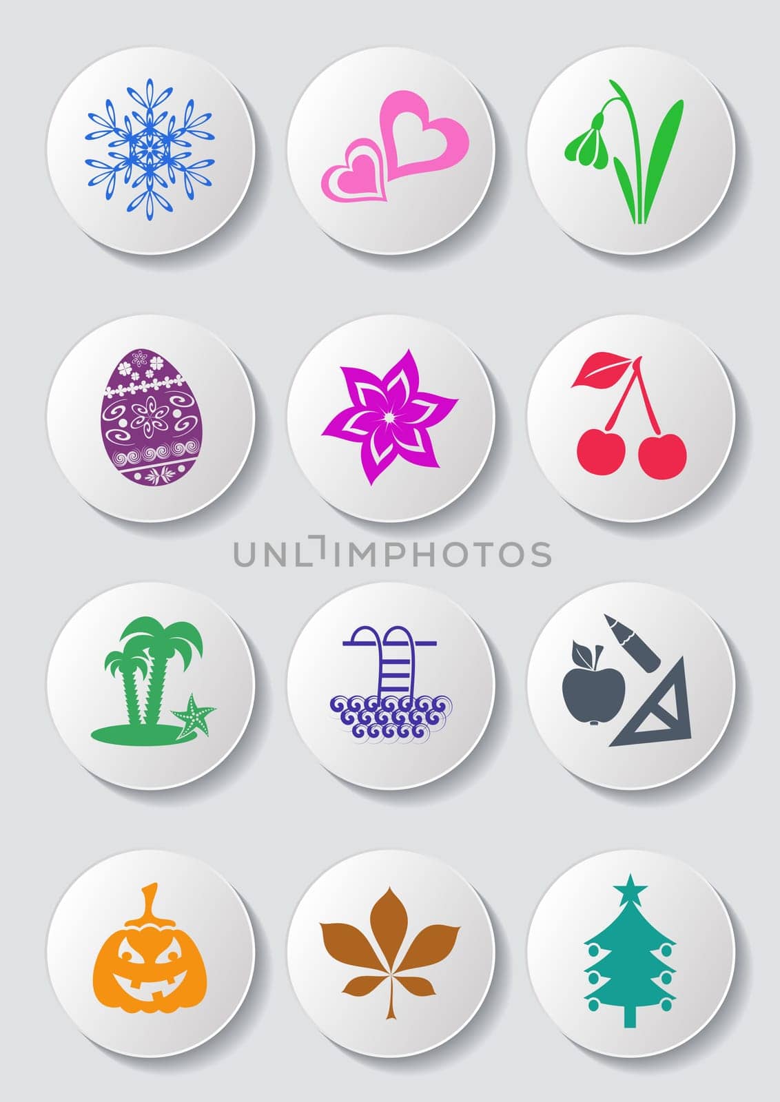 Colorful calendar month symbols collection on white buttons