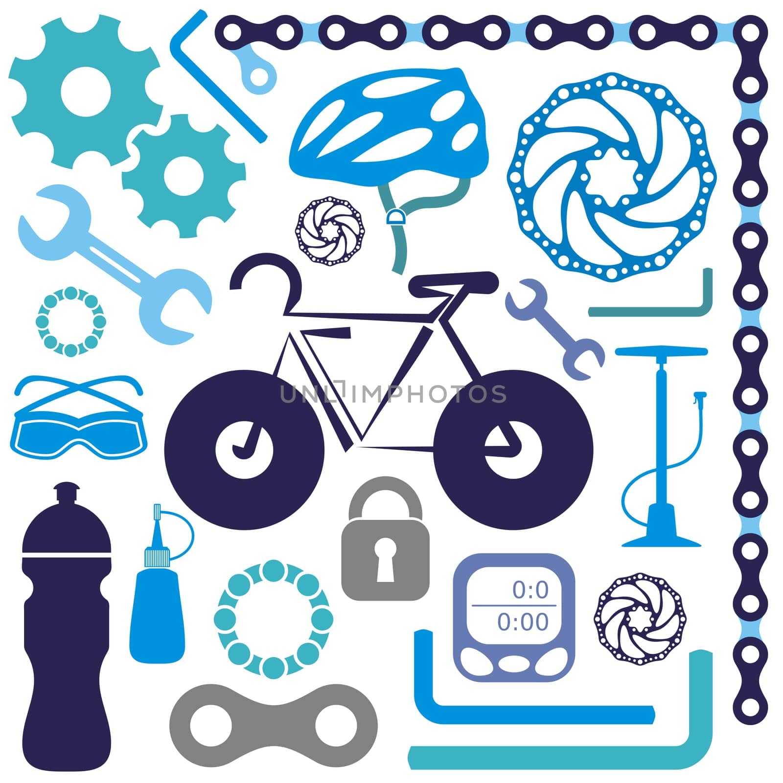 Colorful collection of bicycle accessories vector silhouette icons