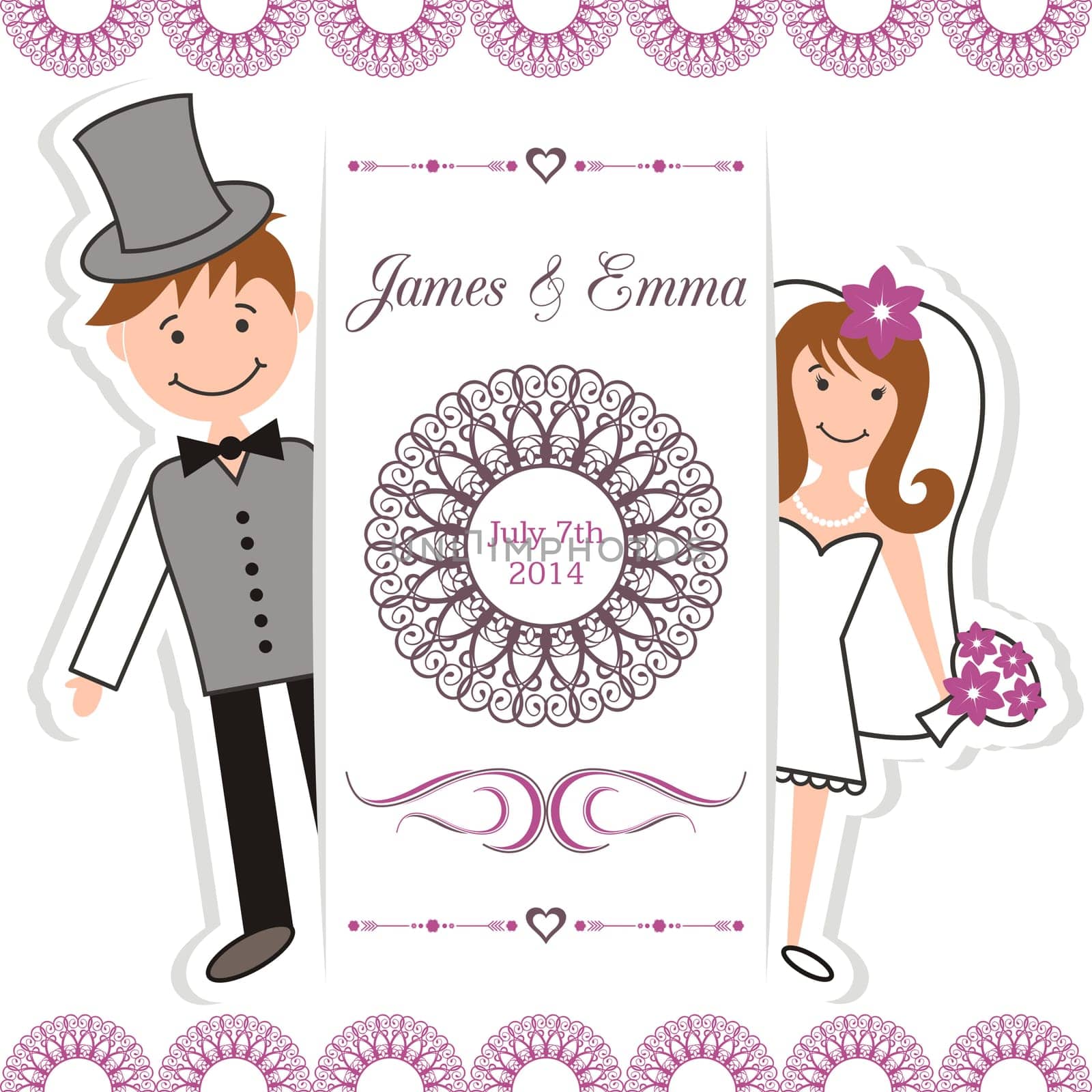 Wedding invitation card with bride and groom