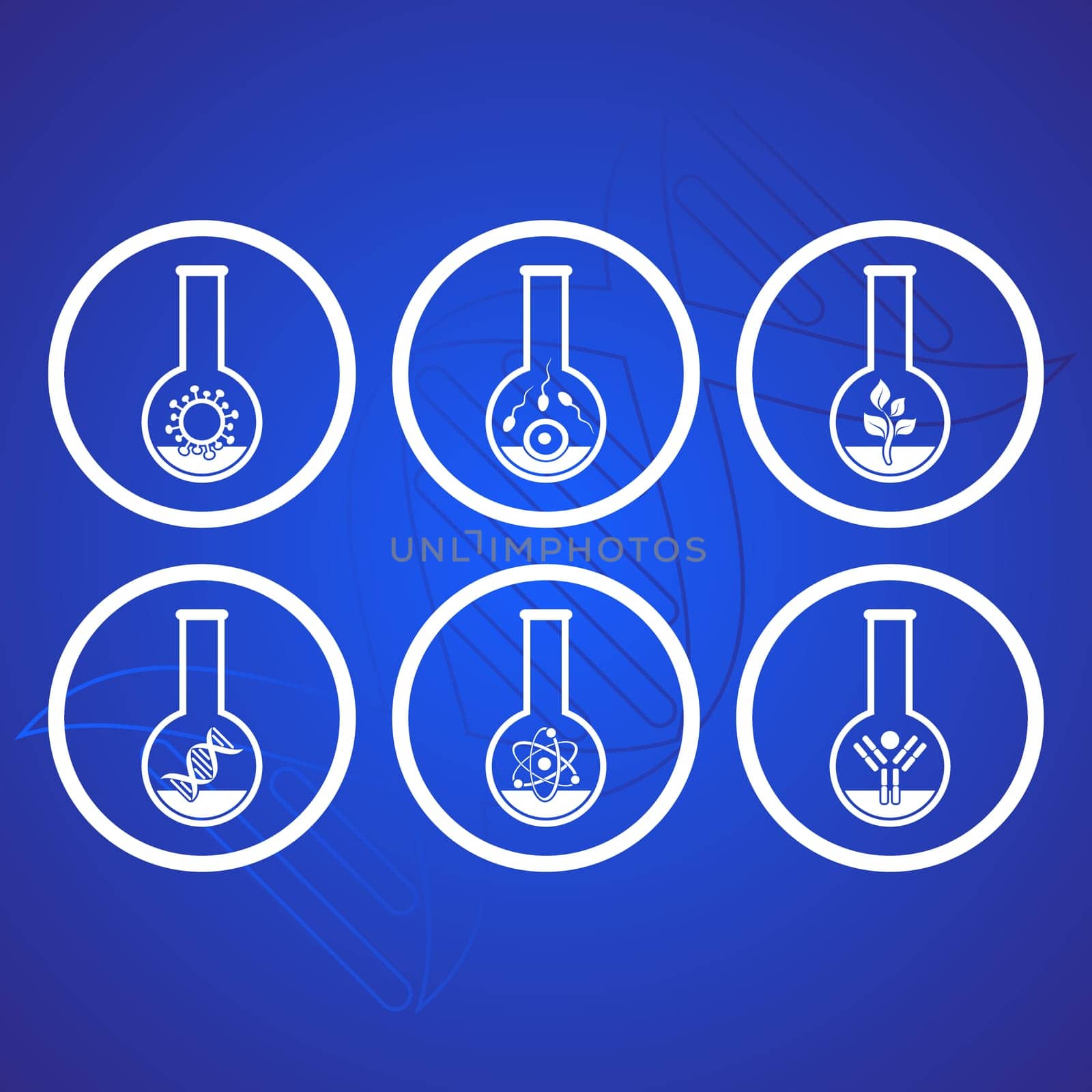 White molecular biology science icons in test tubes