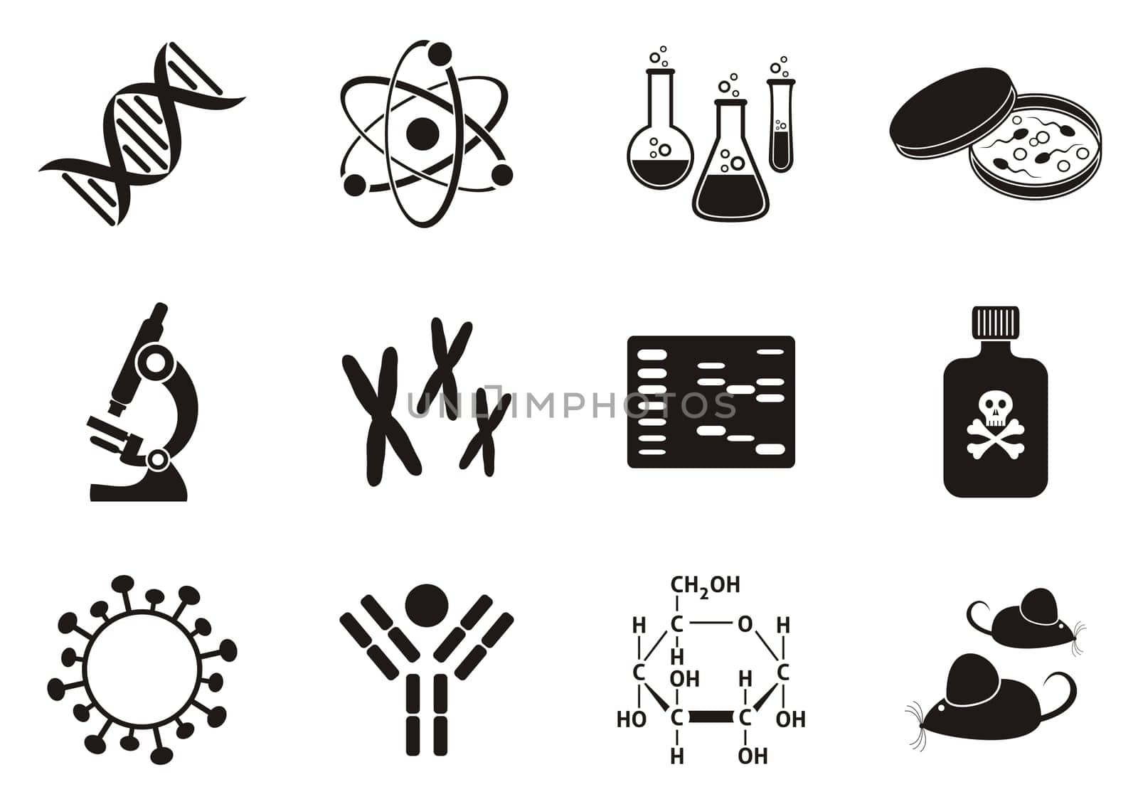 Set of twelve black molecular biology science icons