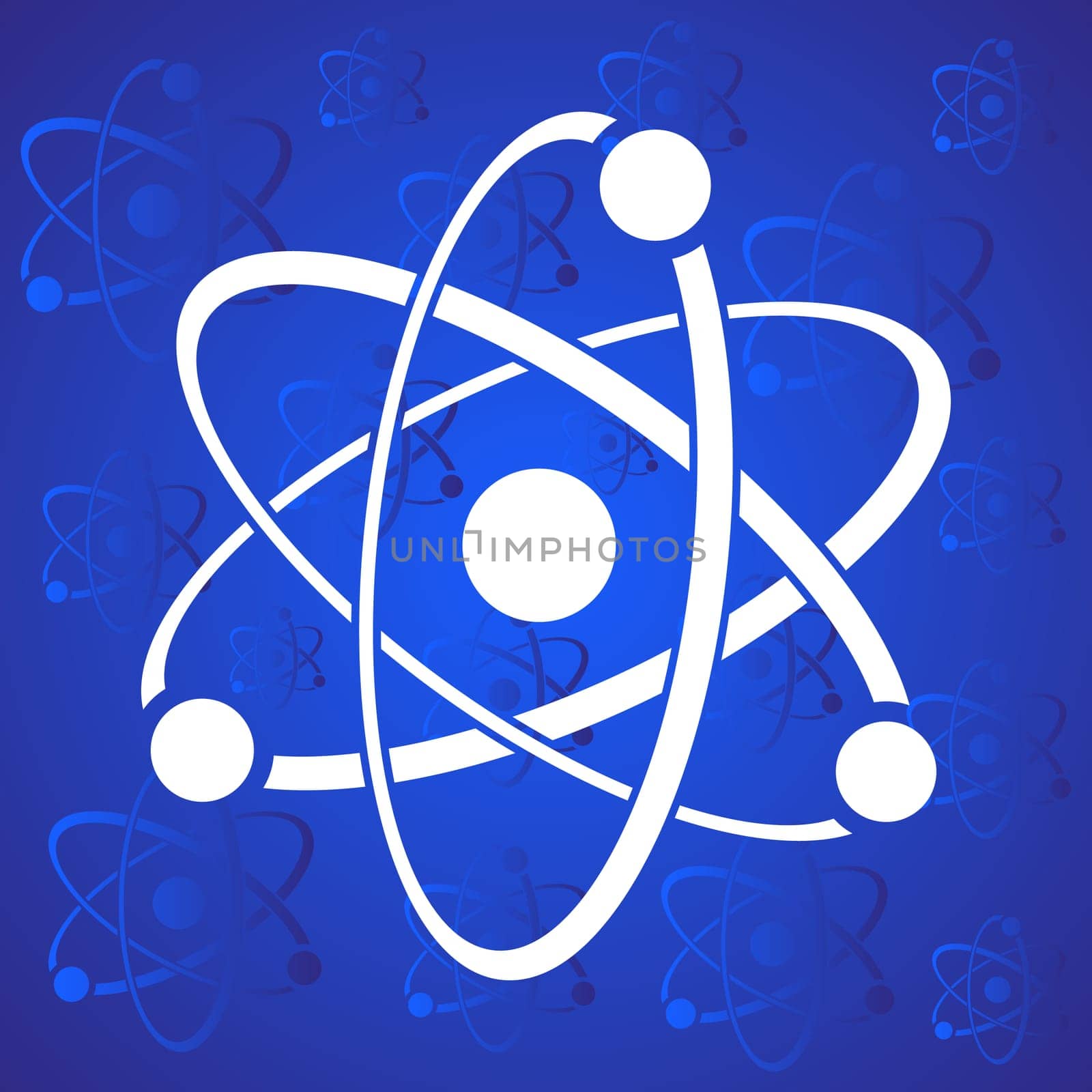 White vector atom icon on blue stylized background