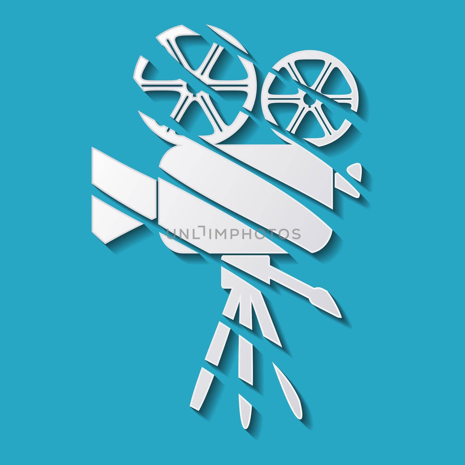White movie camera with shadow on blue background