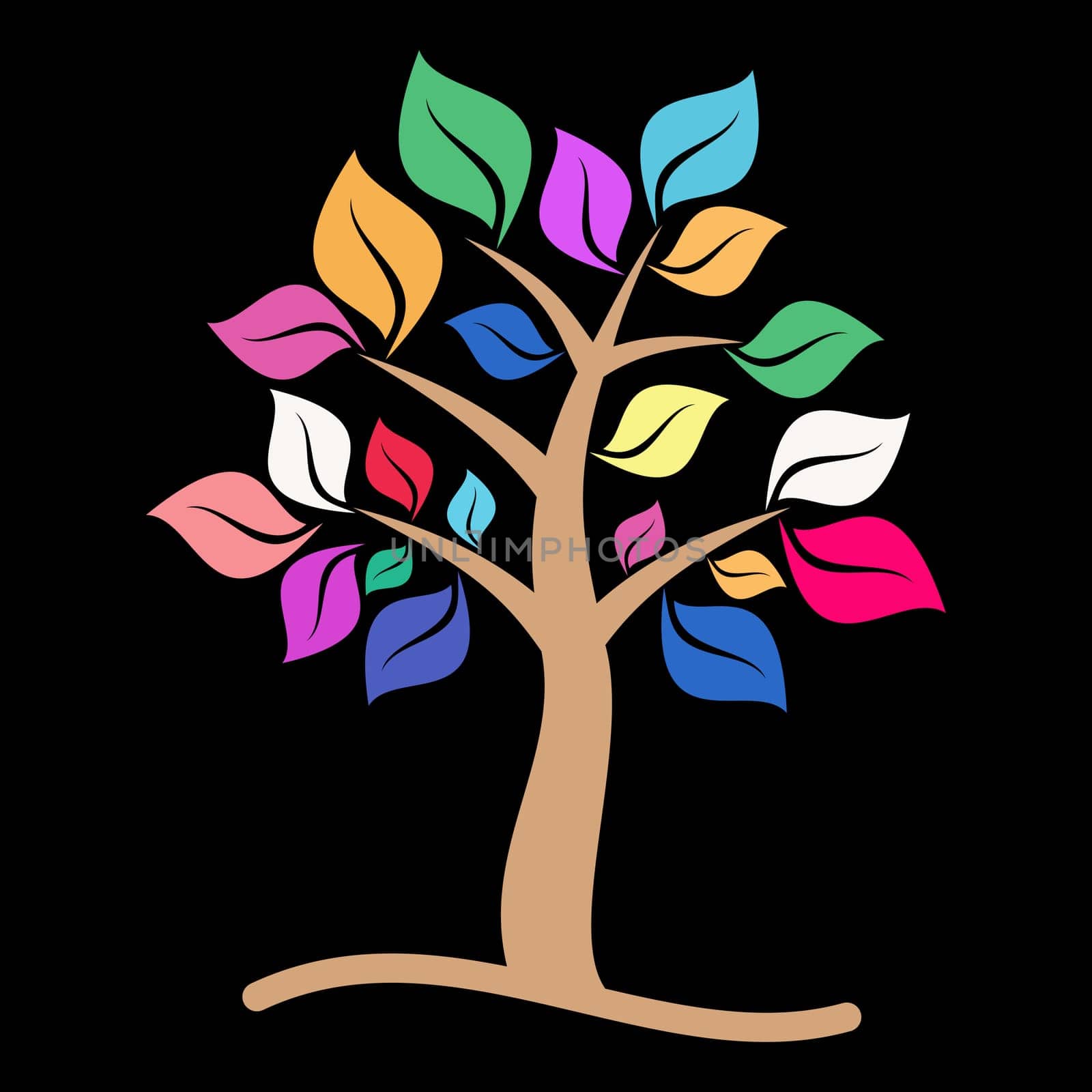 Beautiful colorful tree with leaves on black background