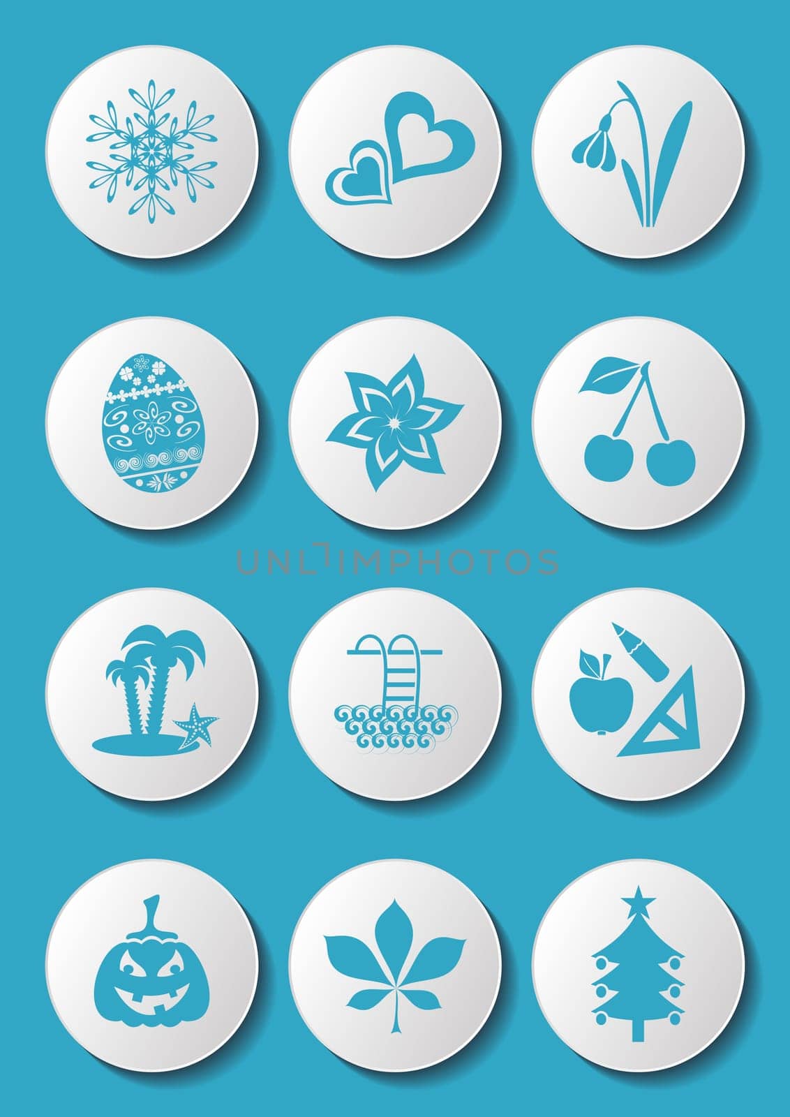Blue calendar month symbols collection on white buttons