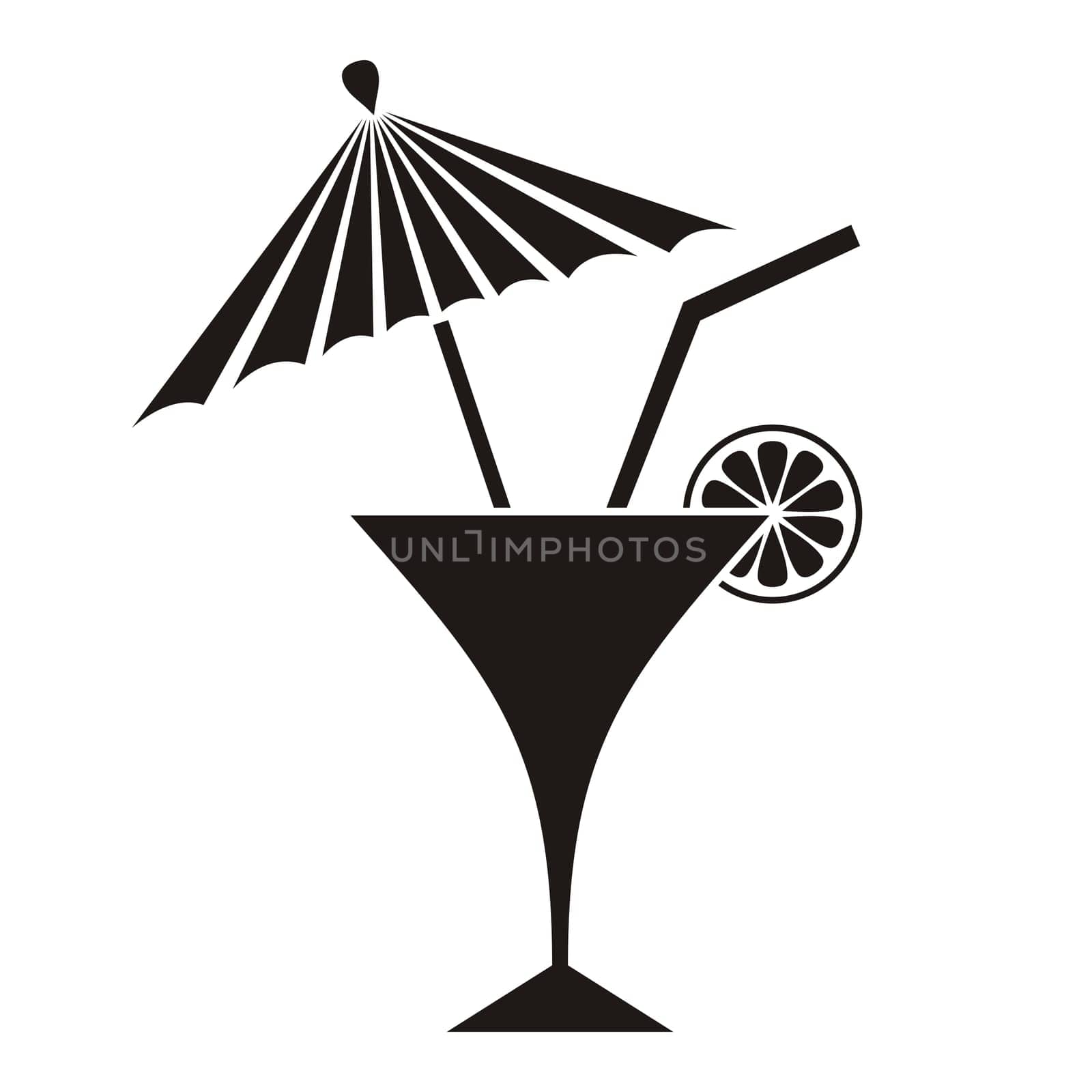 Black summer cocktail silhouette with lemon and parasol