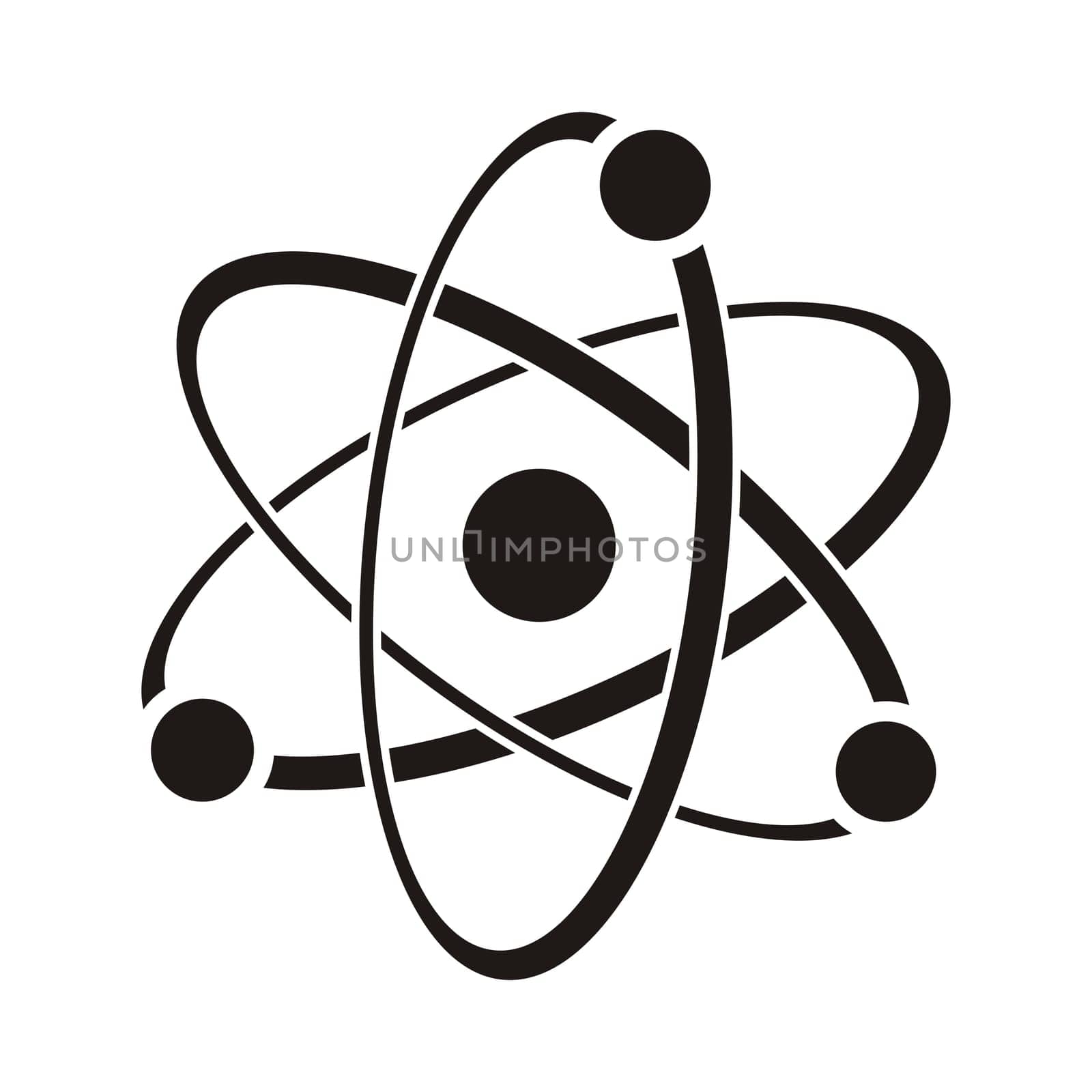 Black vector illustration of atom icon on white