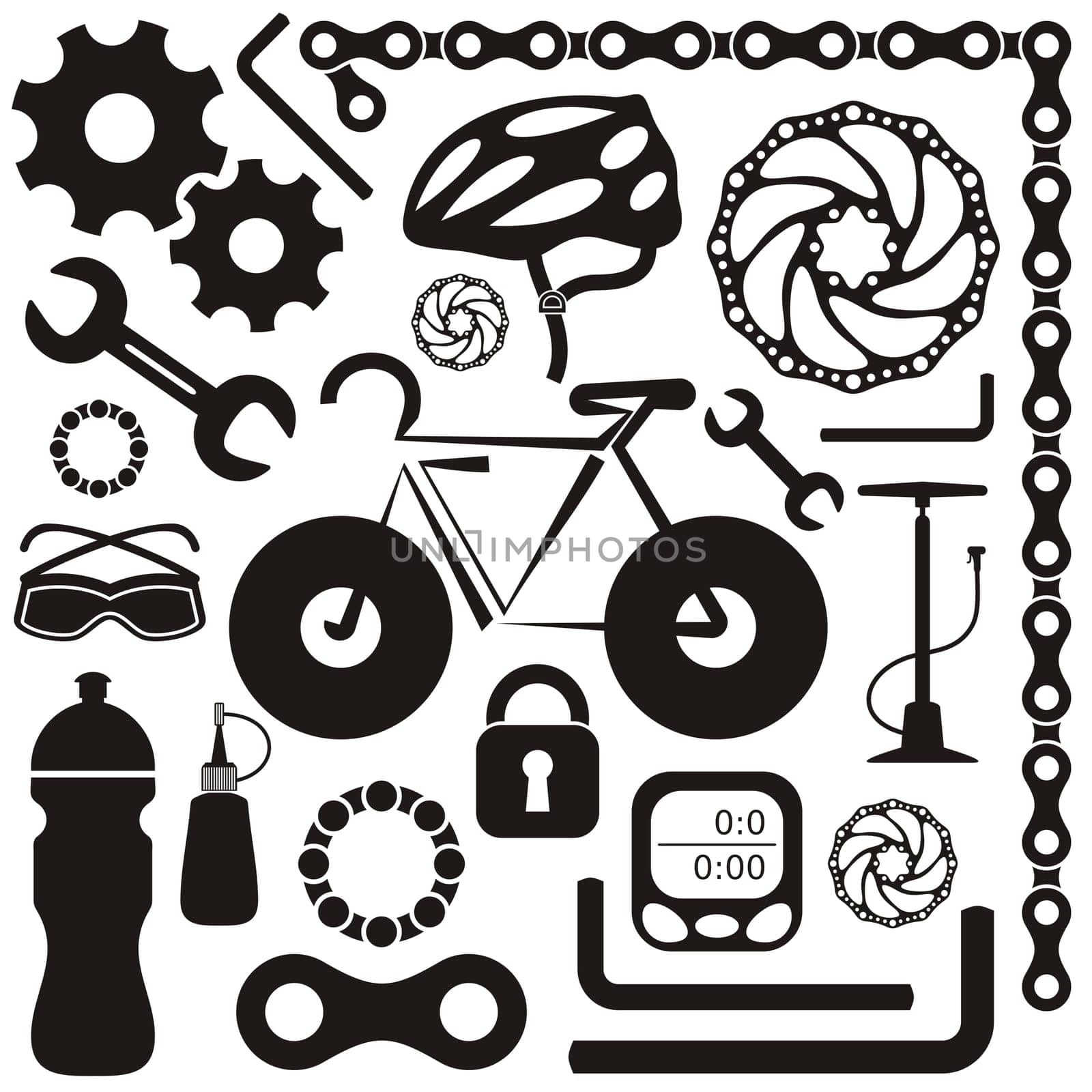 Black collection of bicycle accessories vector silhouette icons