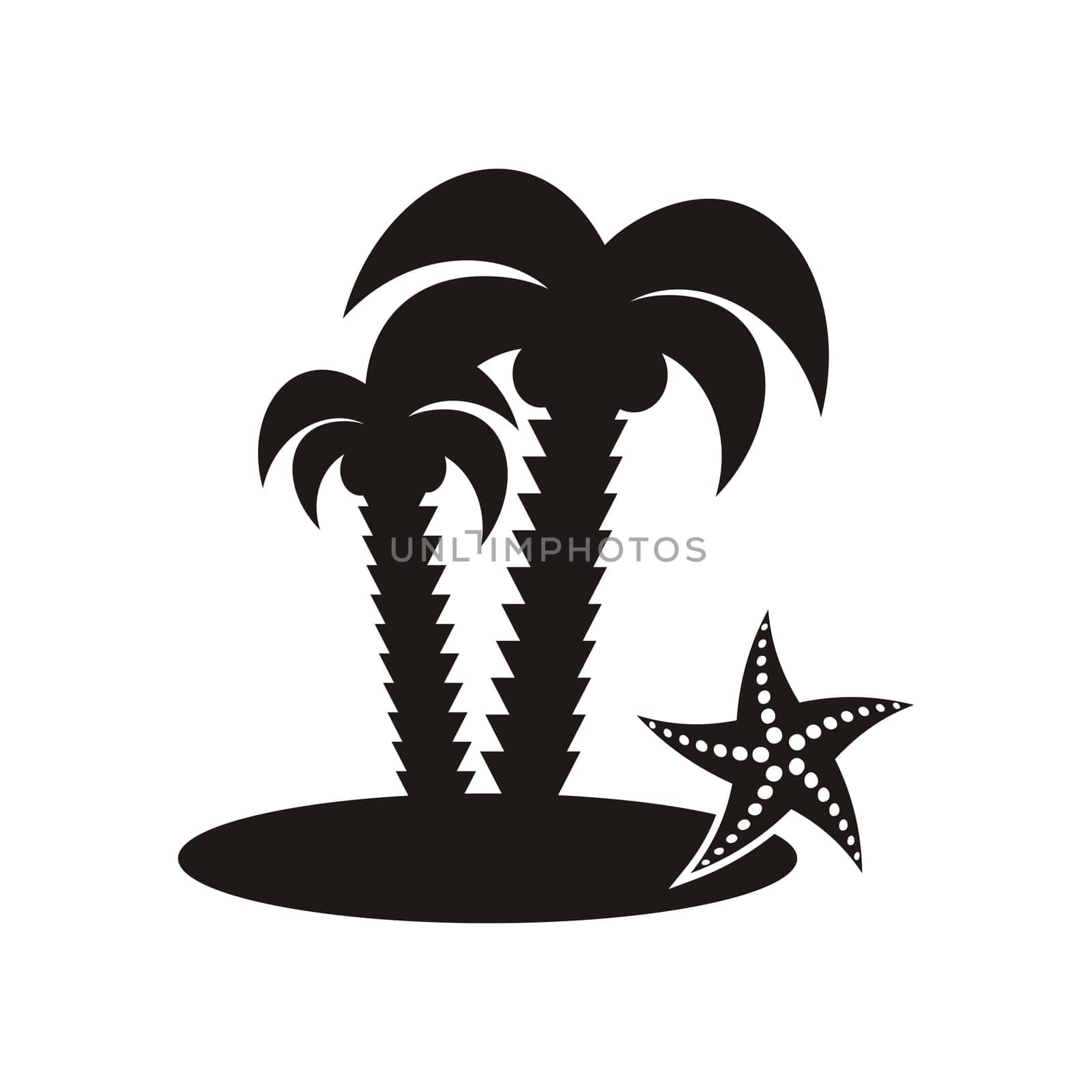 Black vector palm tree icon with starfish isolated
