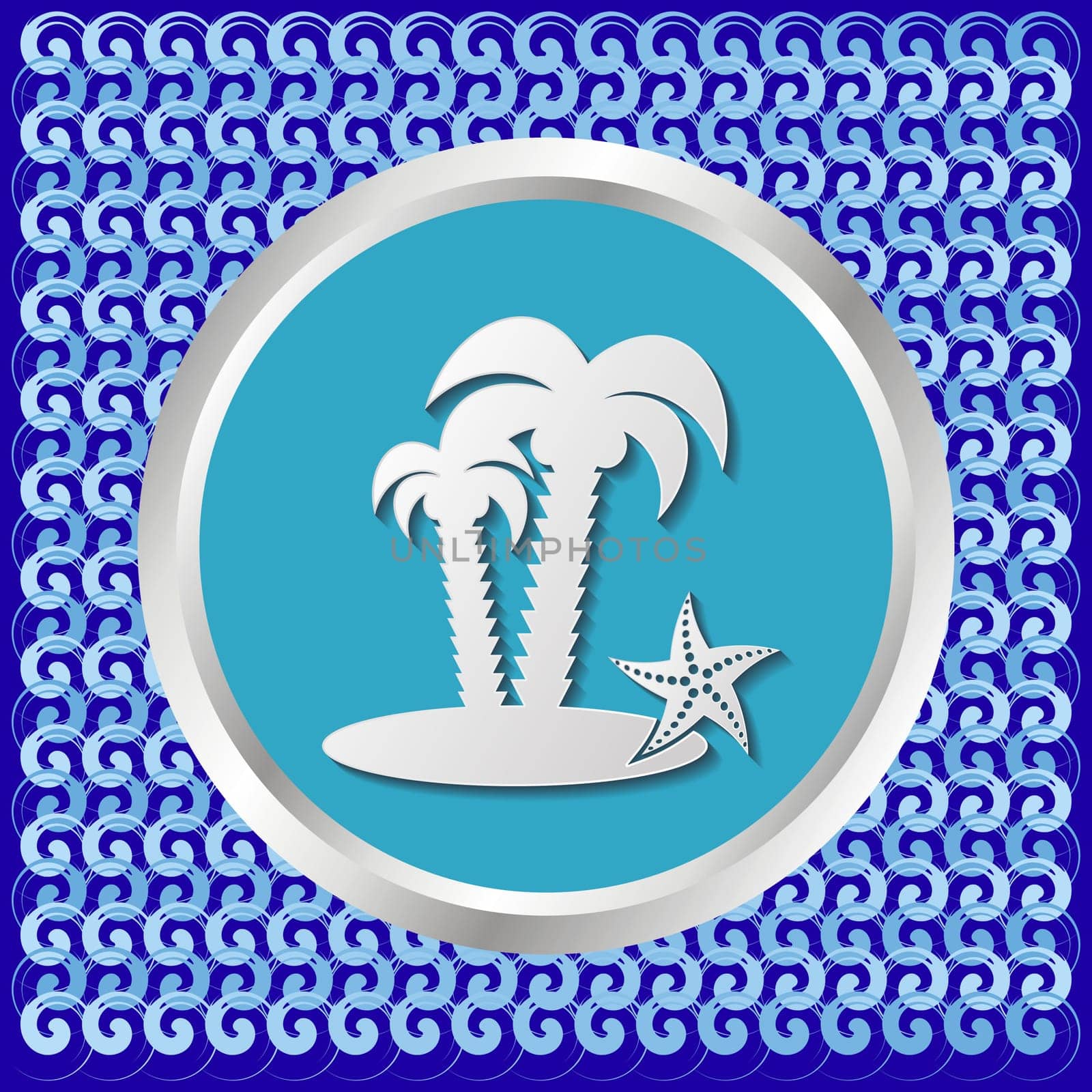 Button with palm tree on sea waves background