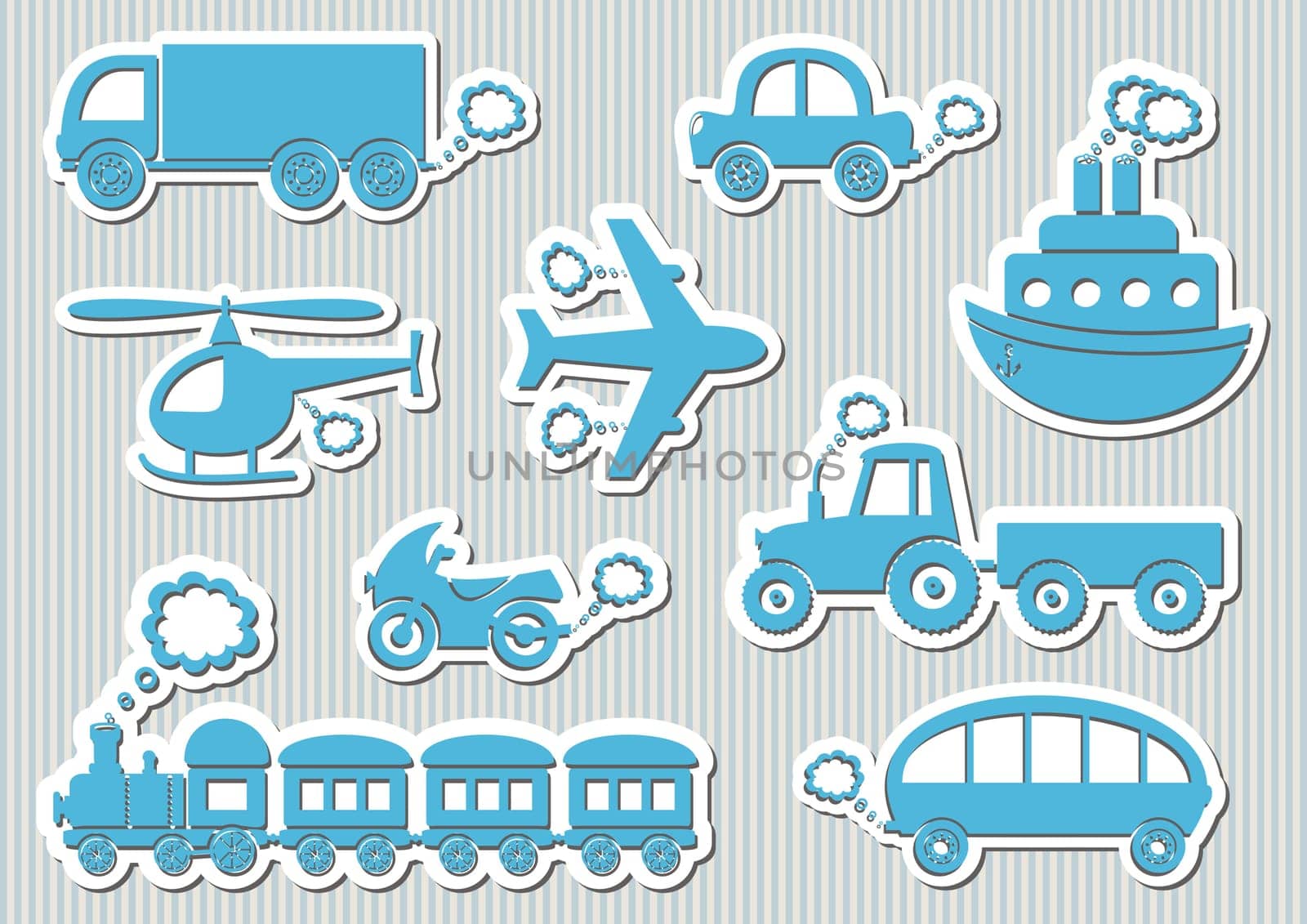 Set of cute blue means of transport icons