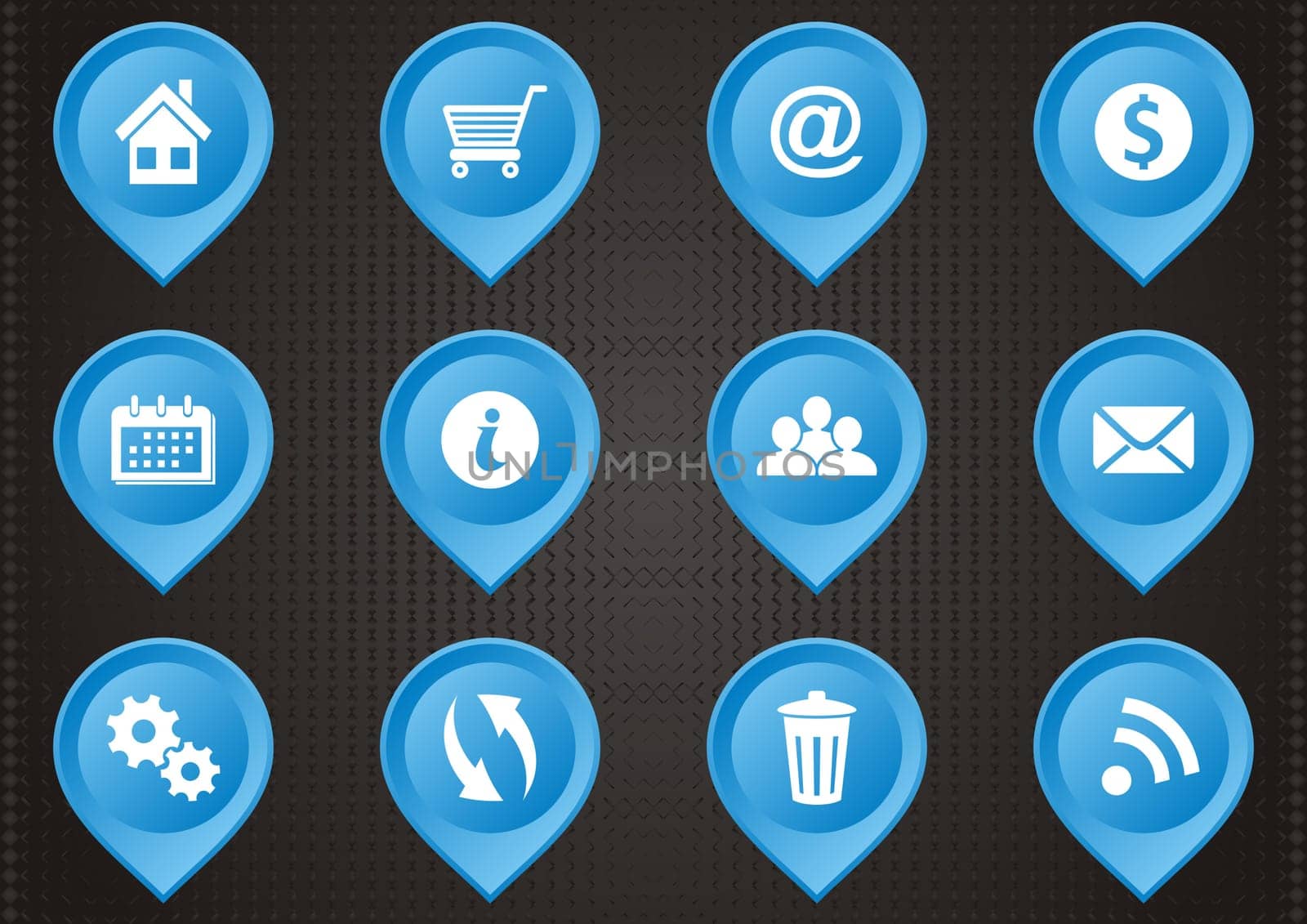 Set of blue map pointers with web icons