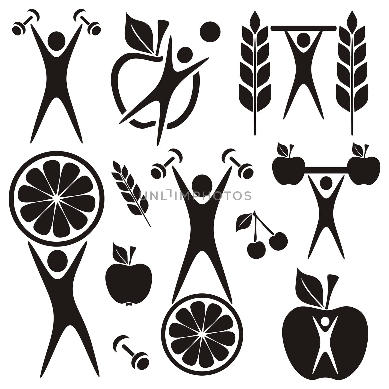 Healthy food and fitness symbols and exercising figures