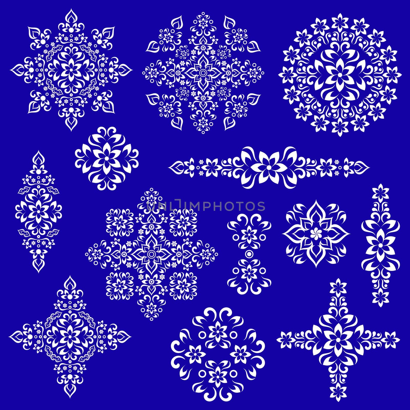Set of diverse white vintage decorative floral ornaments