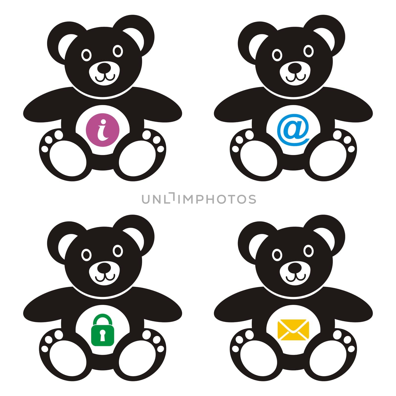 Four cute black teddy bears with colorful web icons