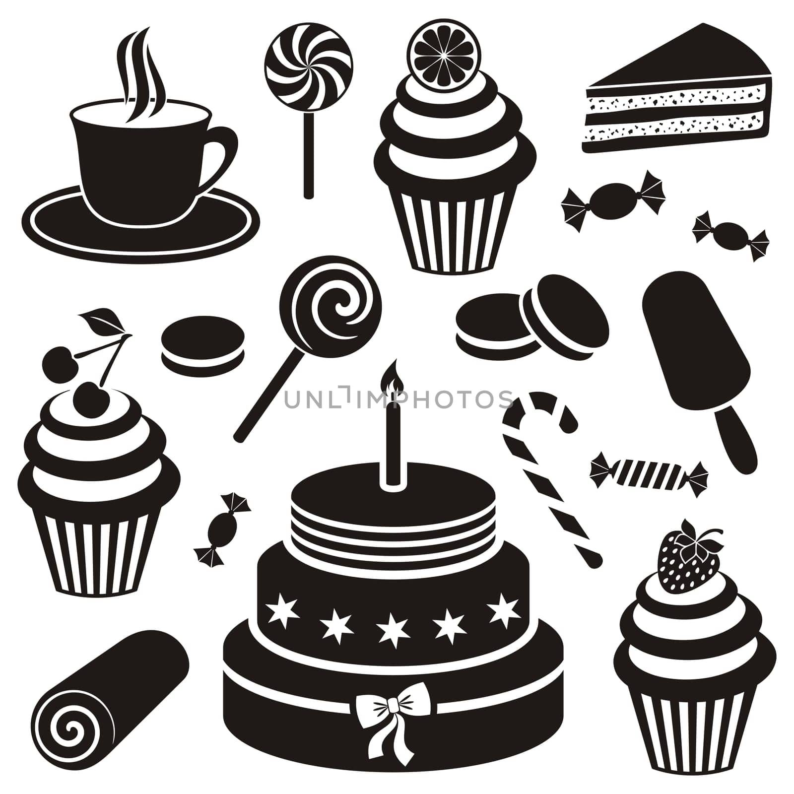 Black desserts and sweets icon vector silhouette collection