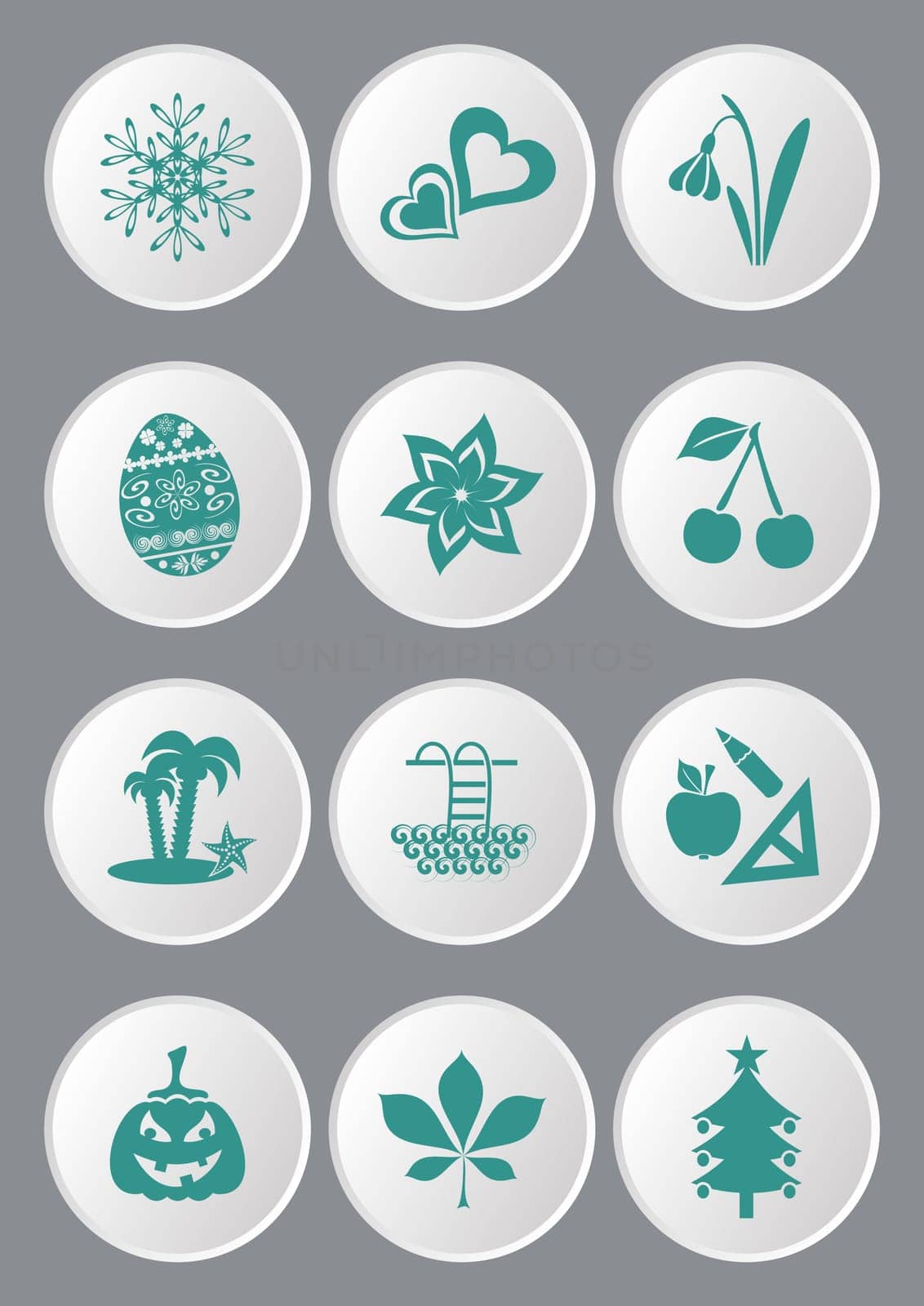 Green calendar month symbols collection on white buttons