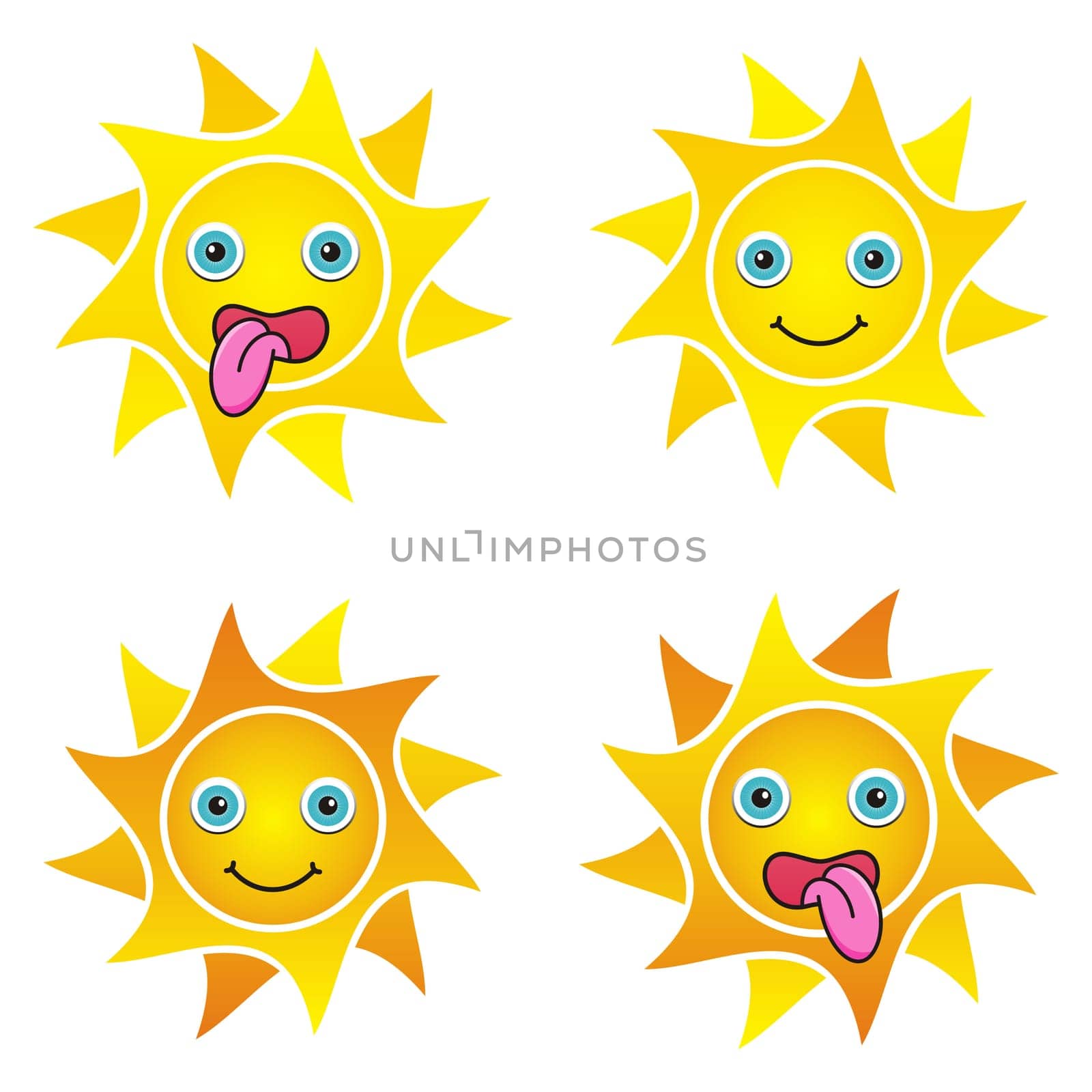 Set of happy and exhausted funny sun icons