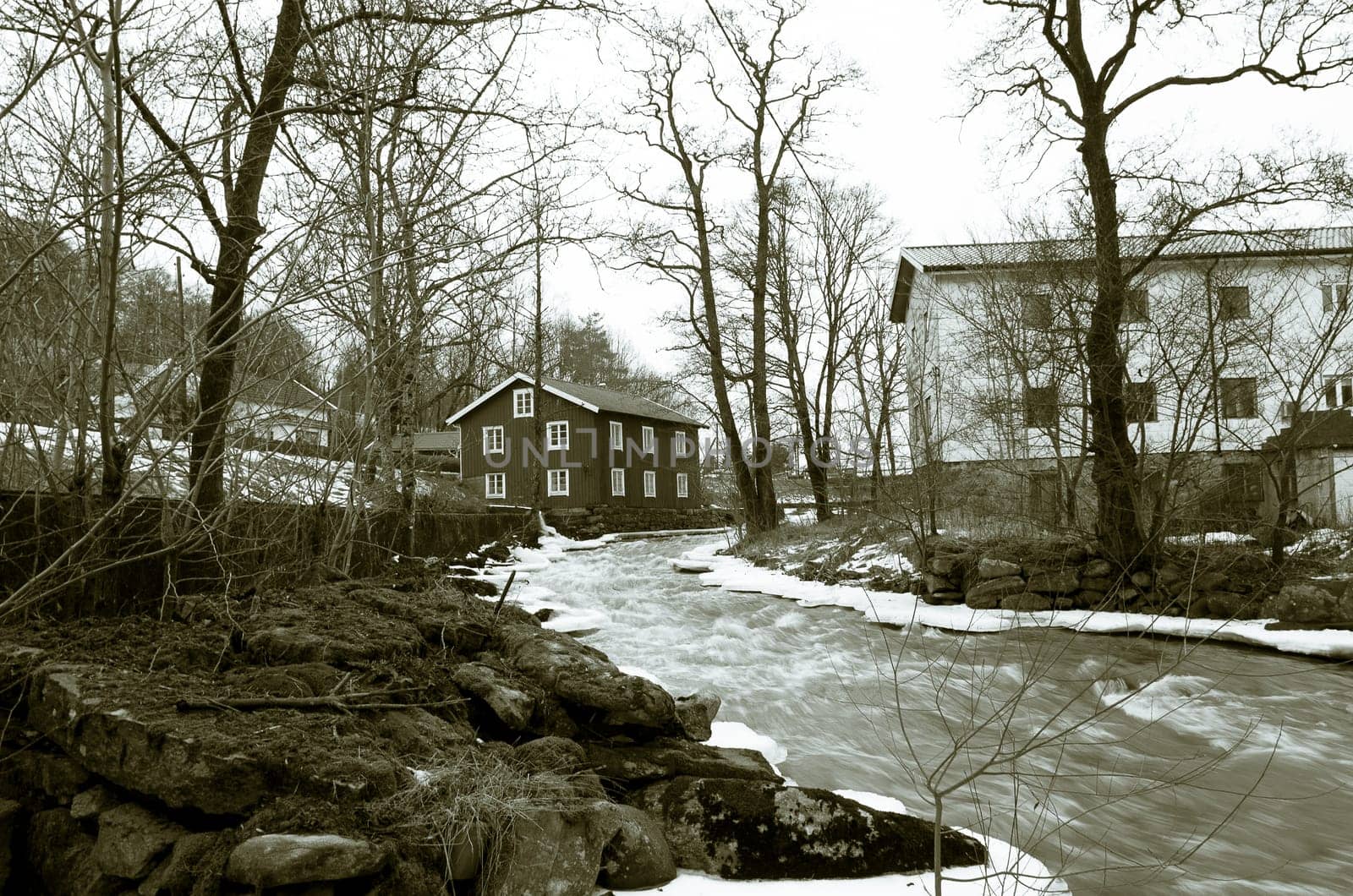 Kungsbacka river with  cold water one grey day in early spring