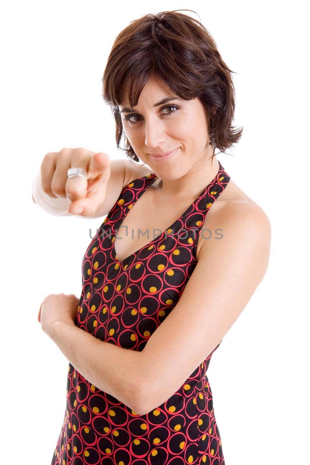 young happy beautiful woman pointing, isolated in white