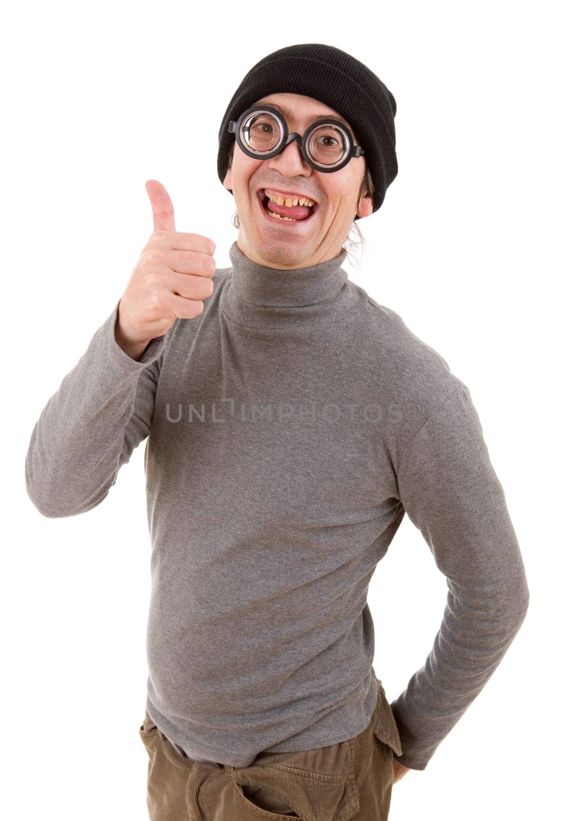 geek man going thumbs up, isolated on white