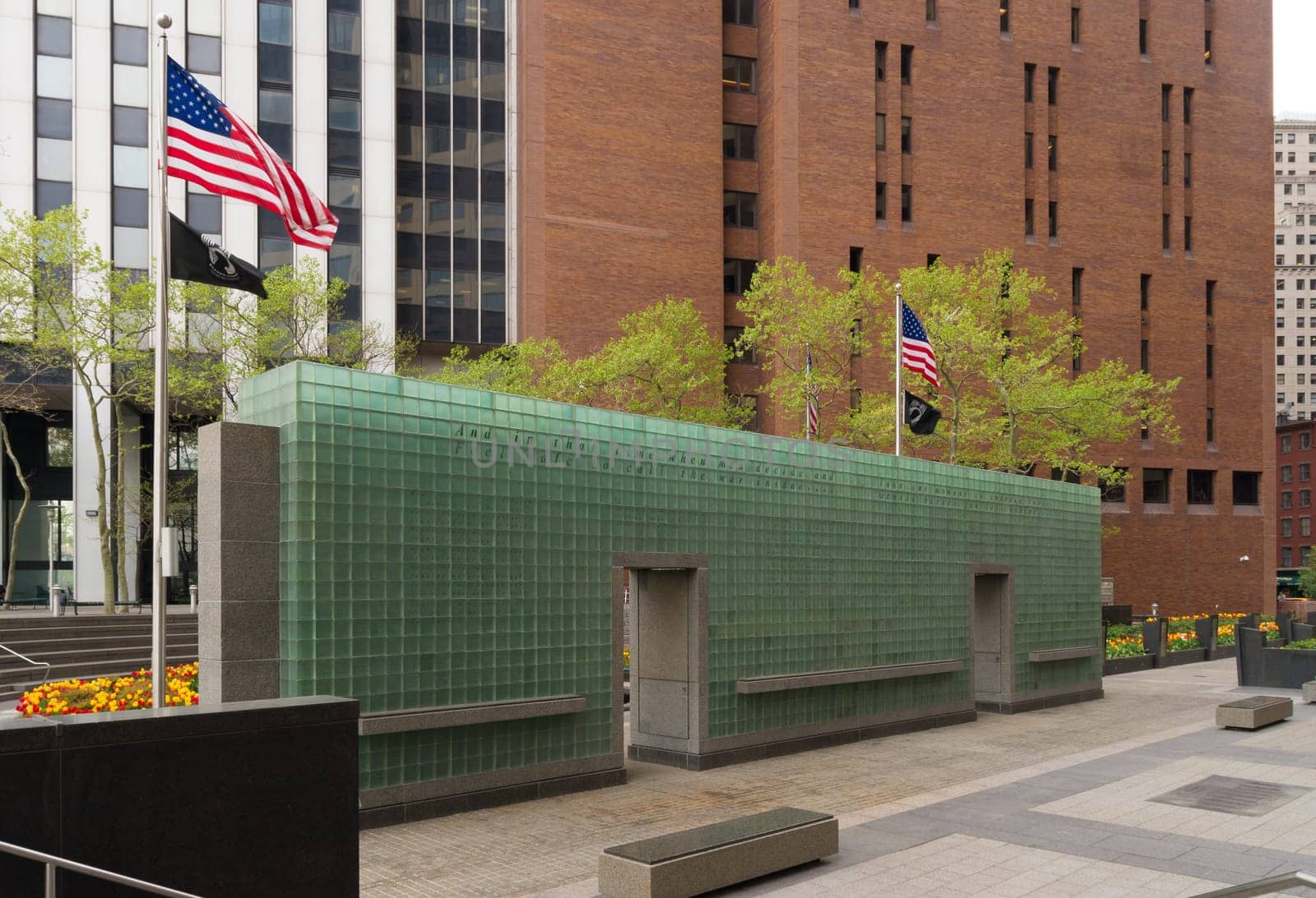 NEW YORK - APRIL 27, 2016: American flag at the vietnam veterans memorial in downtown manhattan
