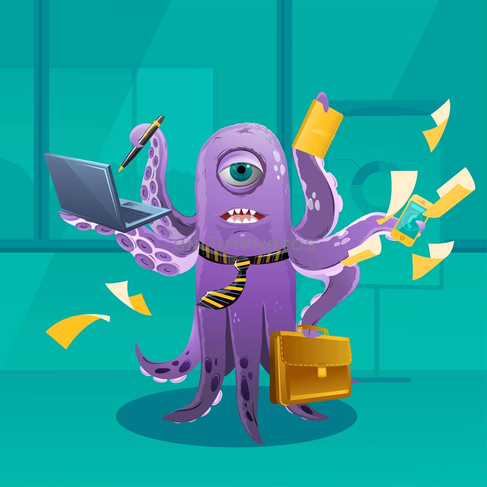 Cartoon octopus moster as a Big Boss.