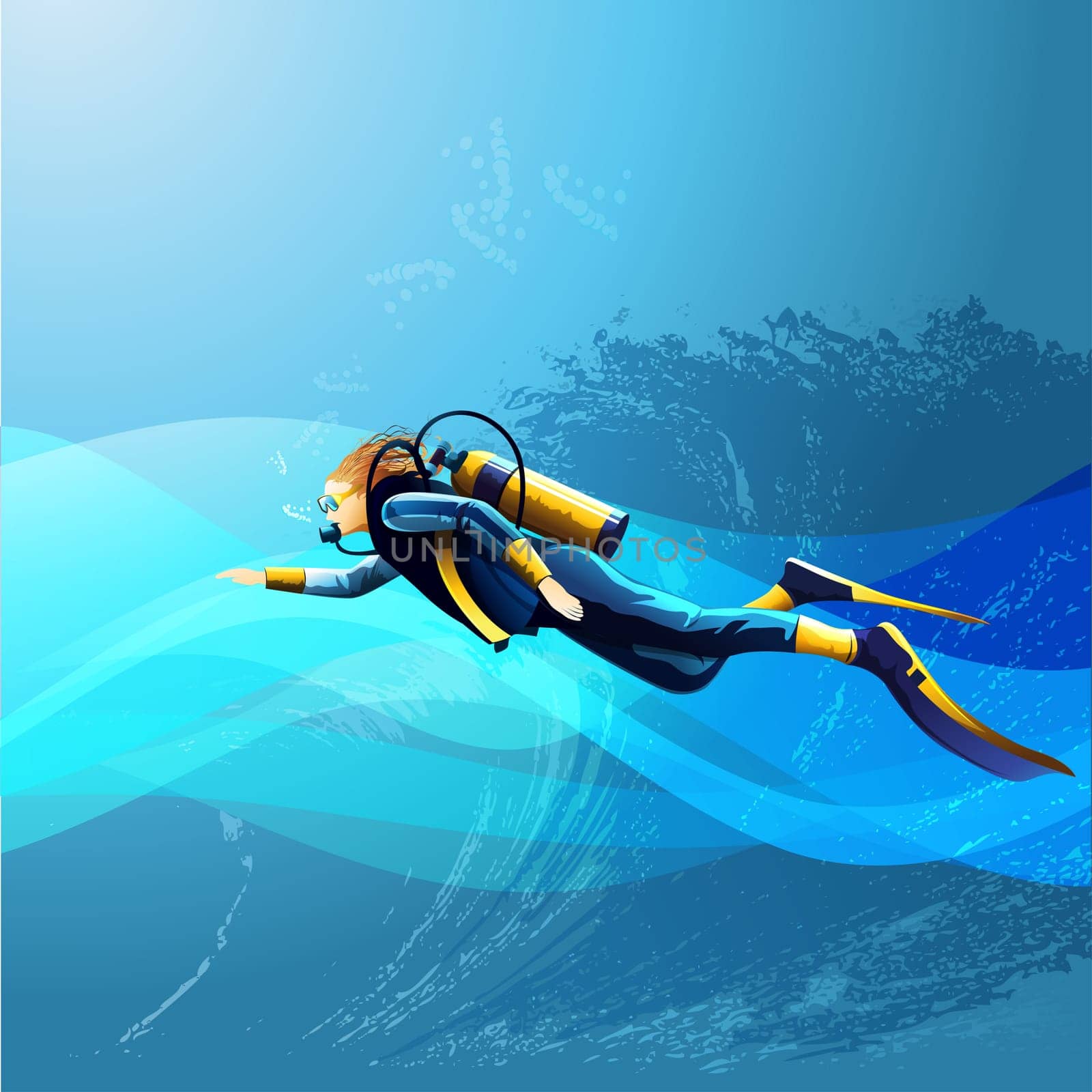Scuba diver girl on blue sea background