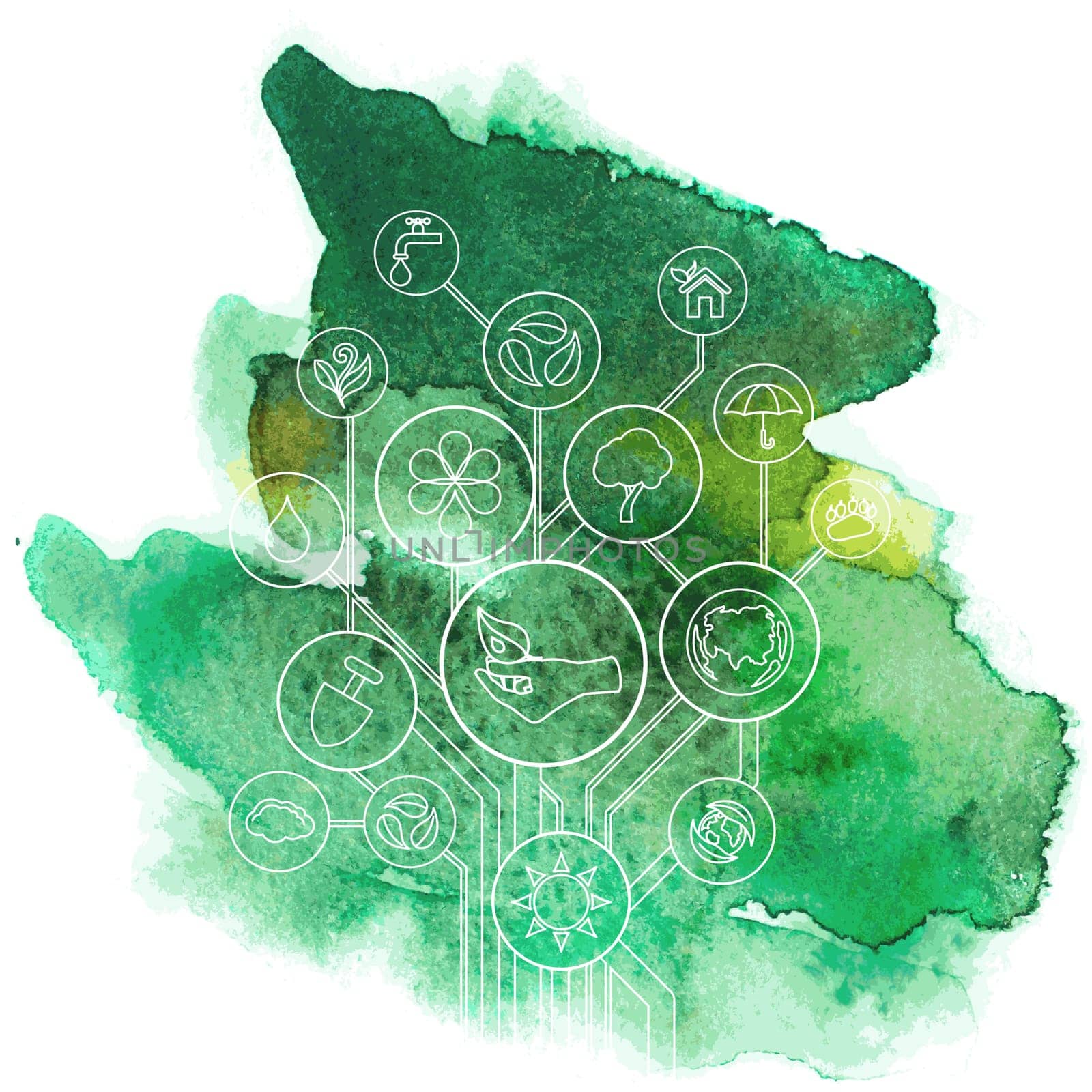 Ecology infographic elements and icons tree with aquarelle stain.