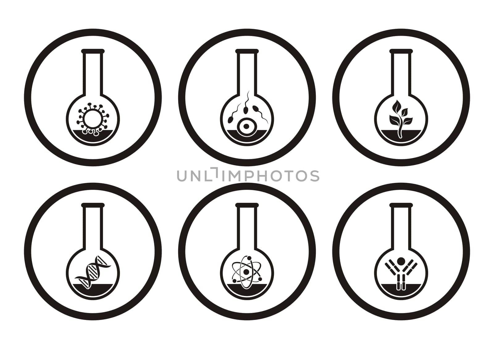 Black molecular biology science icons in test tubes
