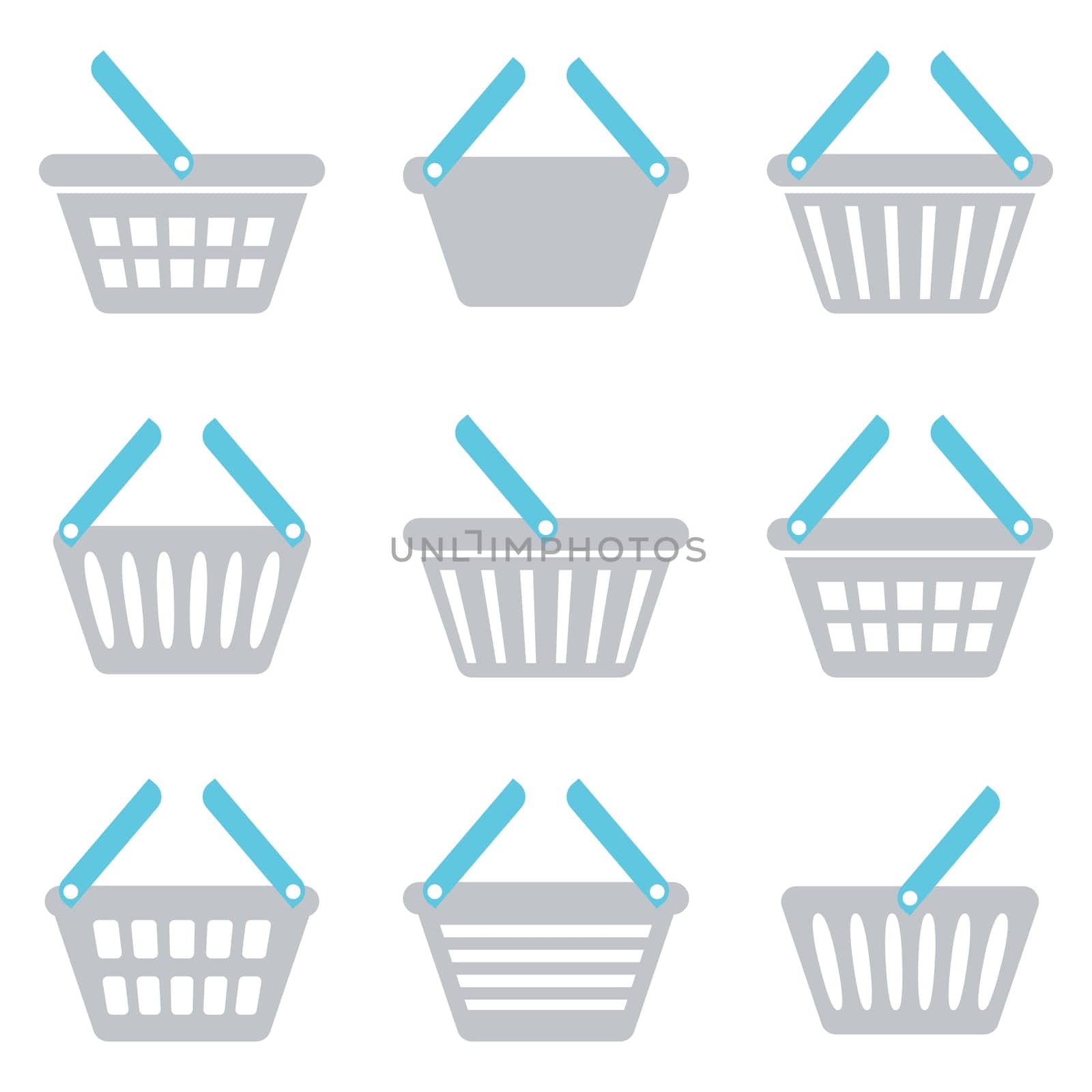 Grey and blue shopping basket icons collection isolated