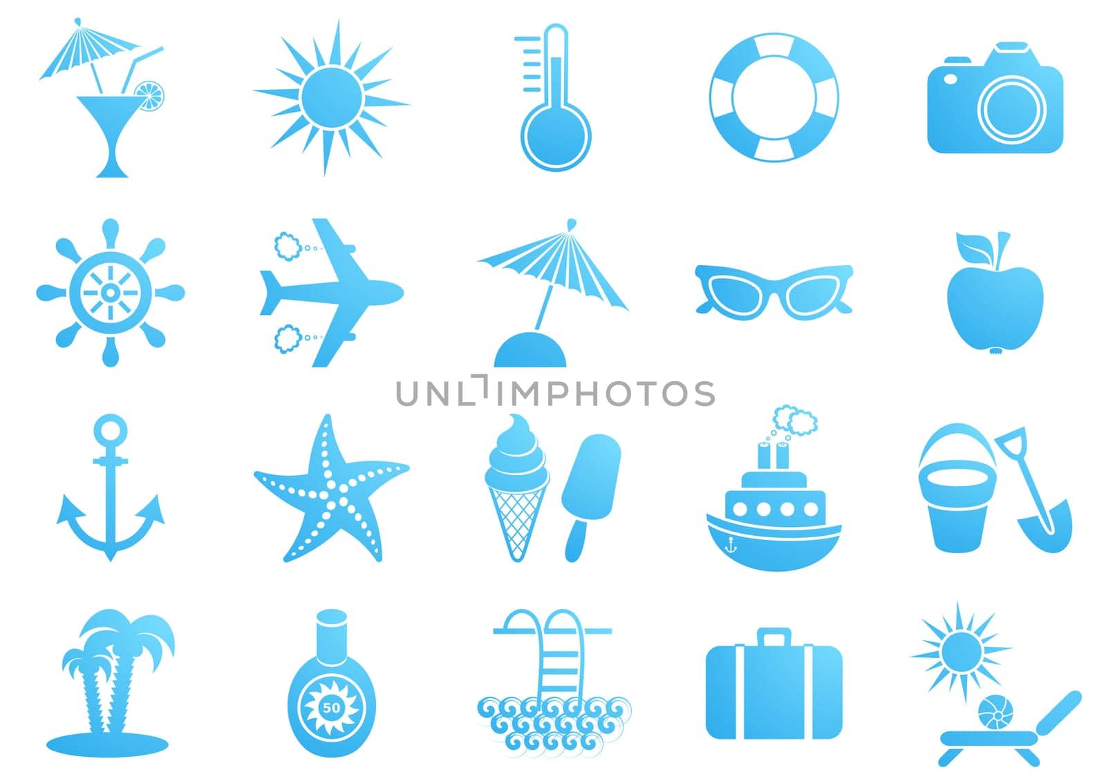 Blue vector summer icons collection on white background