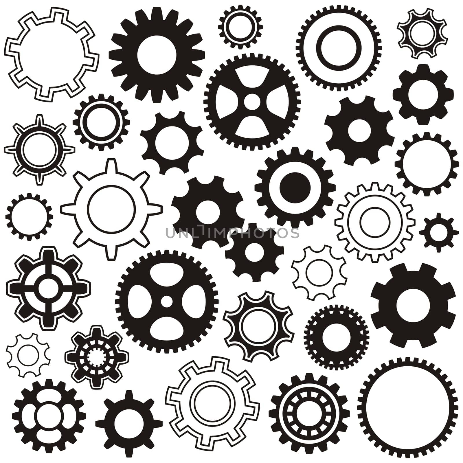 Various gear wheel collection black vector silhouette