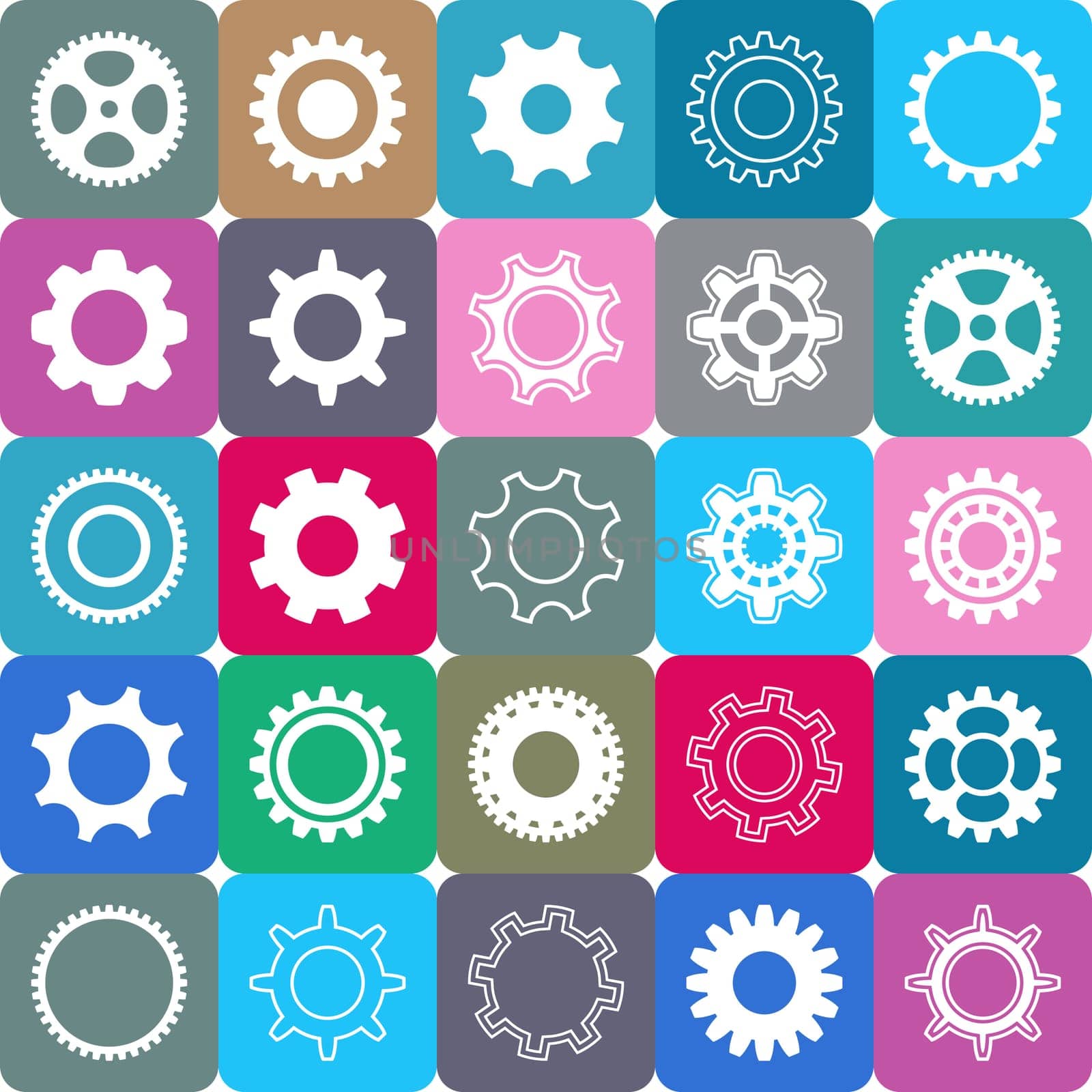 Various gear wheel collection in colorful rounded squares