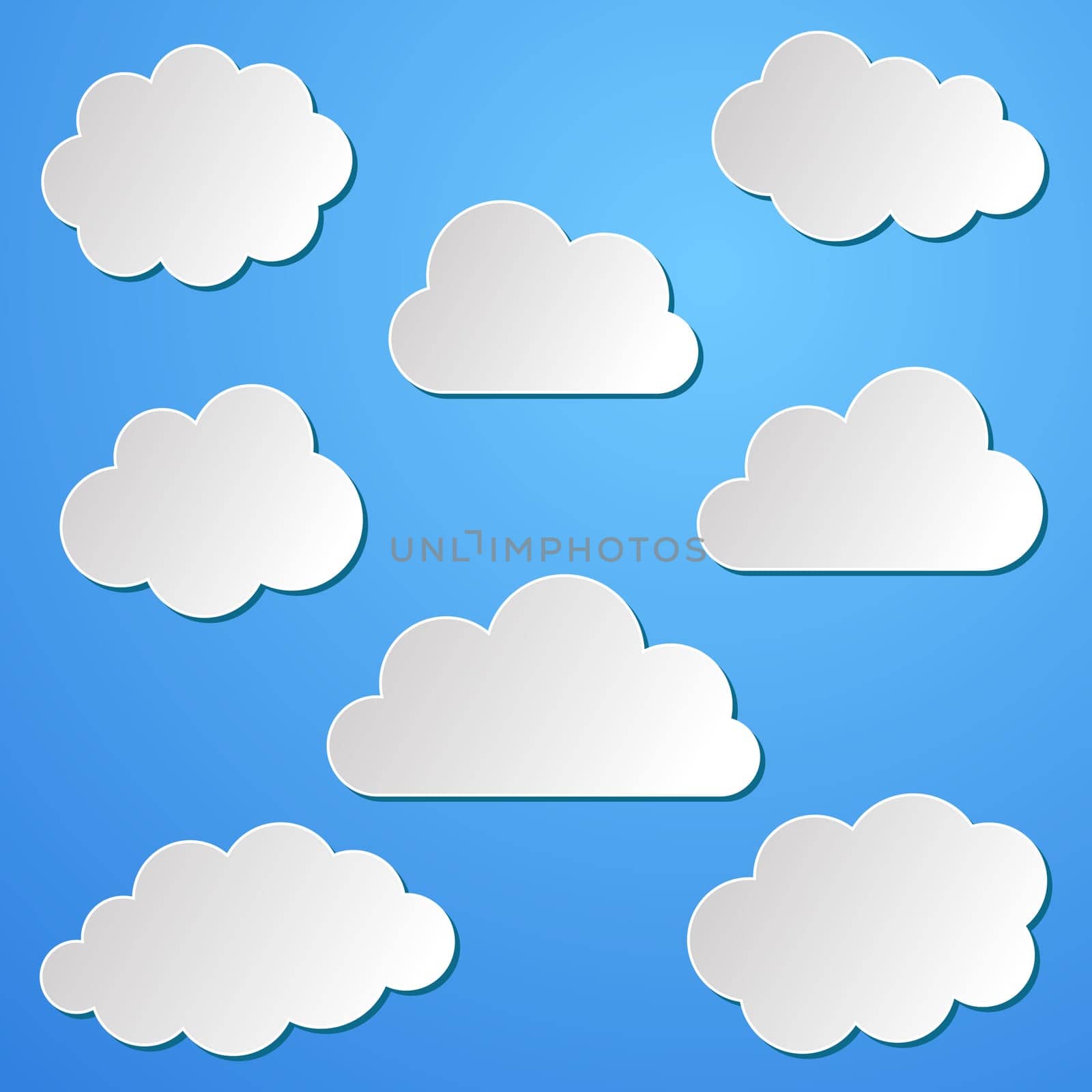 Various white paper clouds collection on blue background