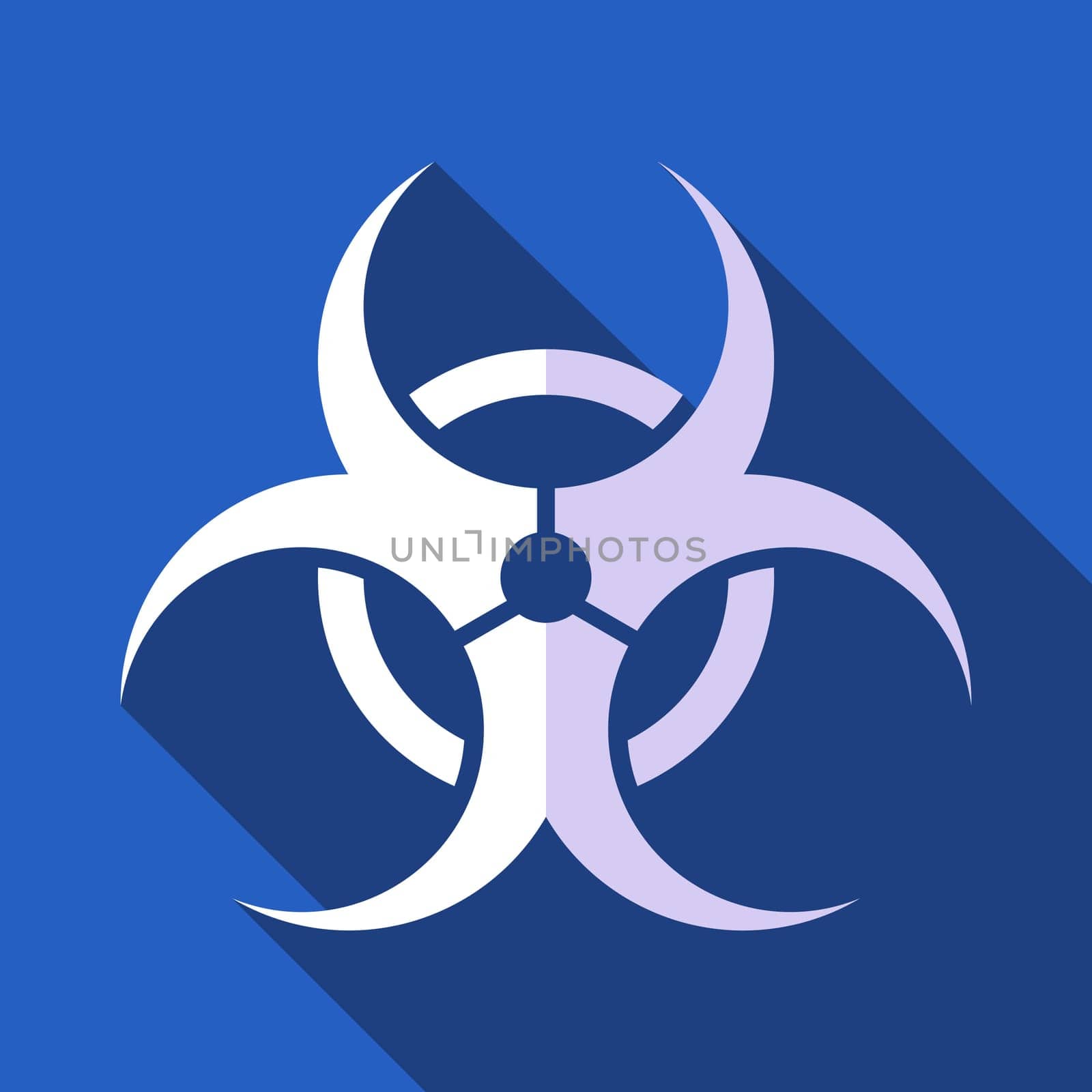 White vector biohazard symbol on blue flat design