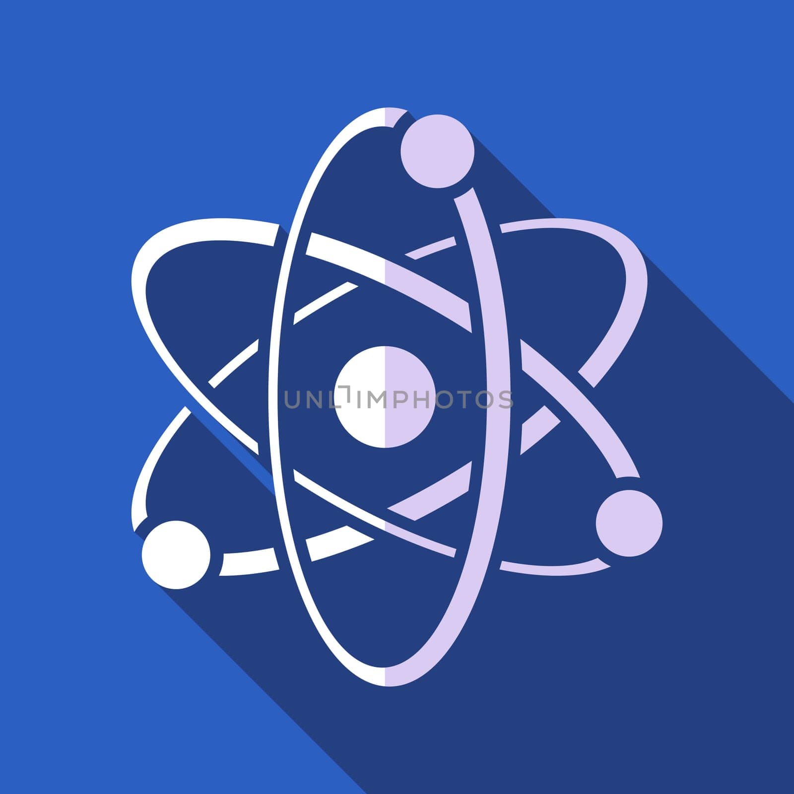 White vector atom icon on blue flat design