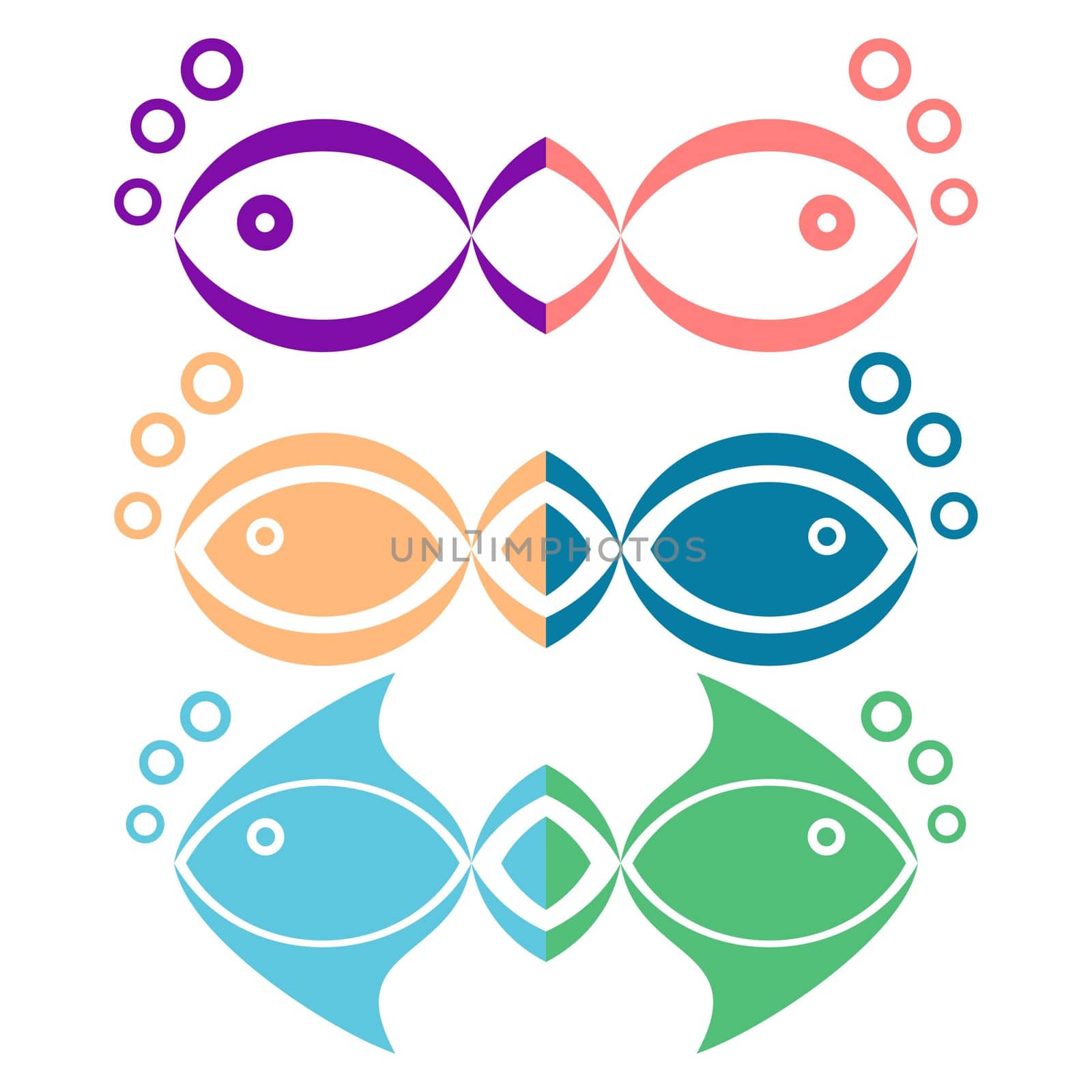 Various colorful fish icons with bubbles on white