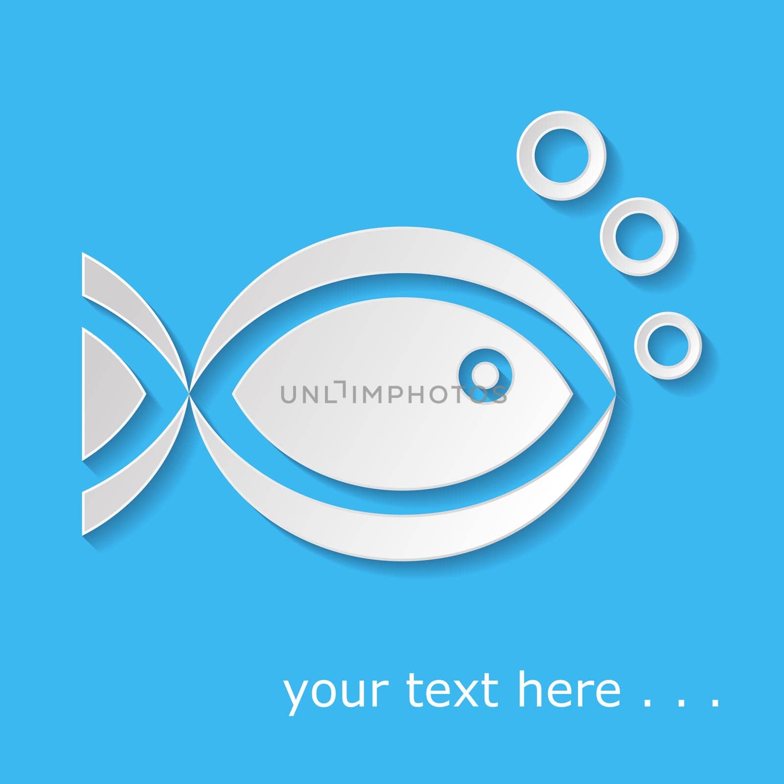White fish icon with bubbles on blue background