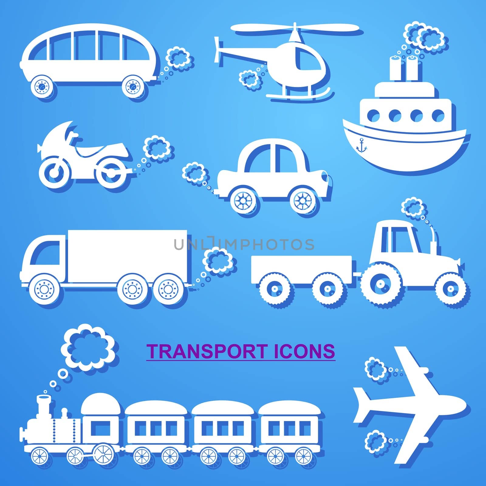 White means of transport icons on blue background